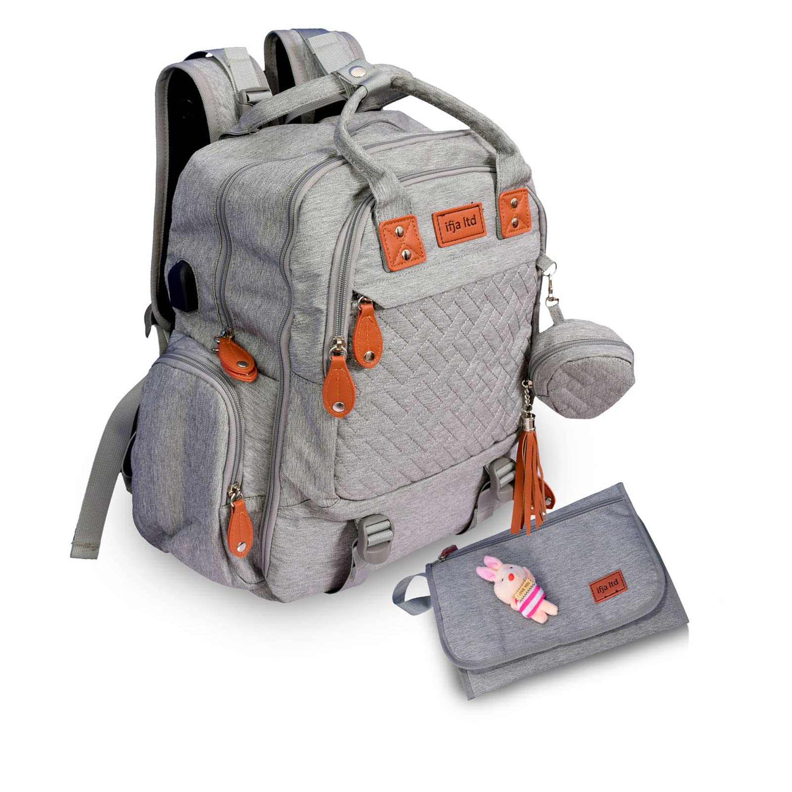 IFJA Baby Changing Bag, Baby Nappy Diaper Bag, Multi-Function Waterproof Maternity Large Capacity Travel Backpack with Changing Mat, USB Port & Pacifier Holder for Mom & Dad (43x36x20cm) (Light Grey)