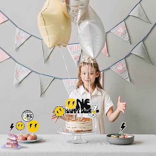 Miniatura 6 de One Happy Dude - Decoración para pastel de primer cumpleaños con cara sonriente para bebé, niño y niña, decoración de fiesta de cara sonriente,