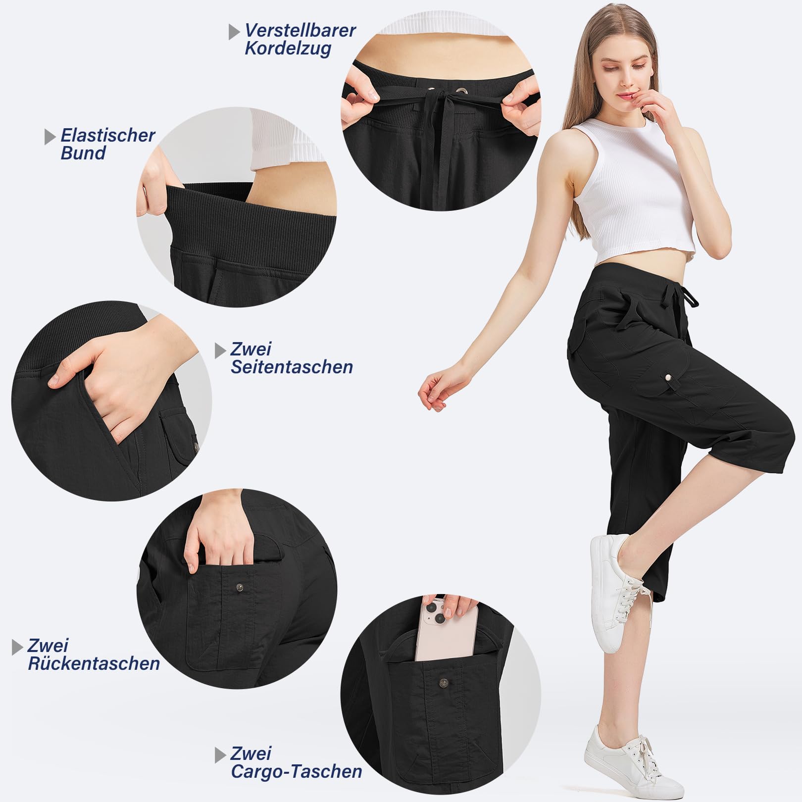 Pantaloni da donna estivi a 3/4 da donna, pantaloni estivi, pantaloni da jogging all'aperto, pantaloni sportivi per viaggi e escursioni, con 6 tasche