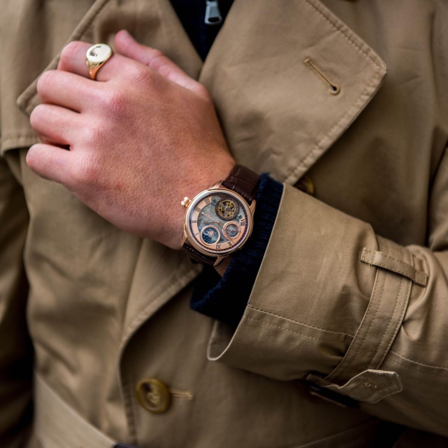 Thomas Earnshaw Reloj de pulsera para hombre ES-8063, 44 mm de longitud, doble hora, automático, esqueleto con correa de cuero genuino