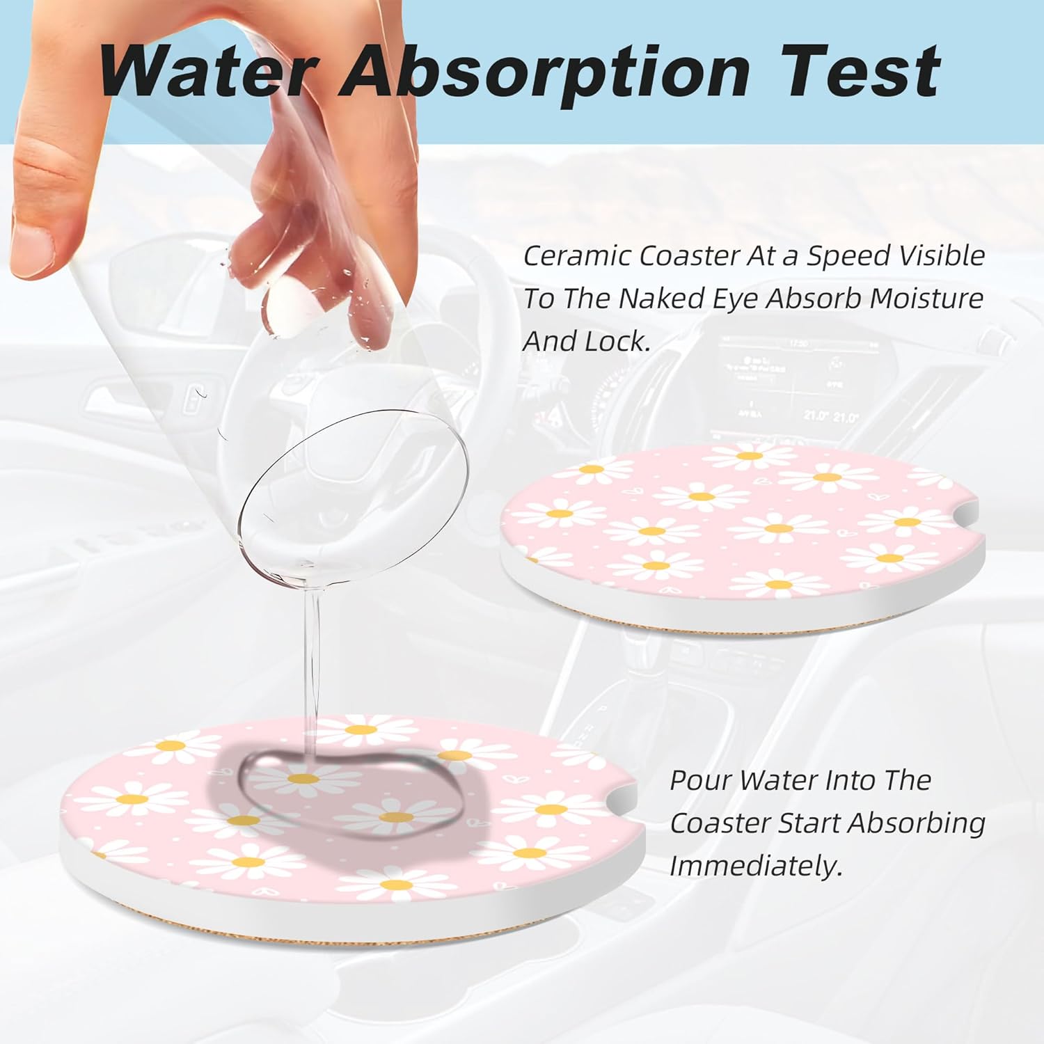Pink Daisy Flower Car Coasters for Cup Holders,2 Pack Car Cup Holder Coasters for Car,Ceramic Absorbent Car Coaster with A Finger Notch and Cork Base,Car Interior Accessories for Women Men