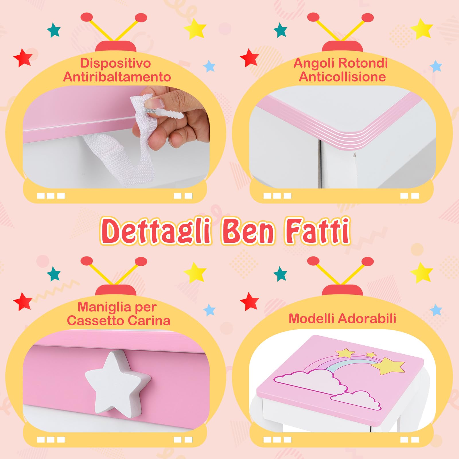 COSTWAY Set Toeletta per Ragazza, Toeletta Trucco per Bambini con Sgabello, Specchio Staccabile e Cassetto, Postazione Trucco in Legno per Cameretta 49.5 x 35.5 x 89cm (Bianco)