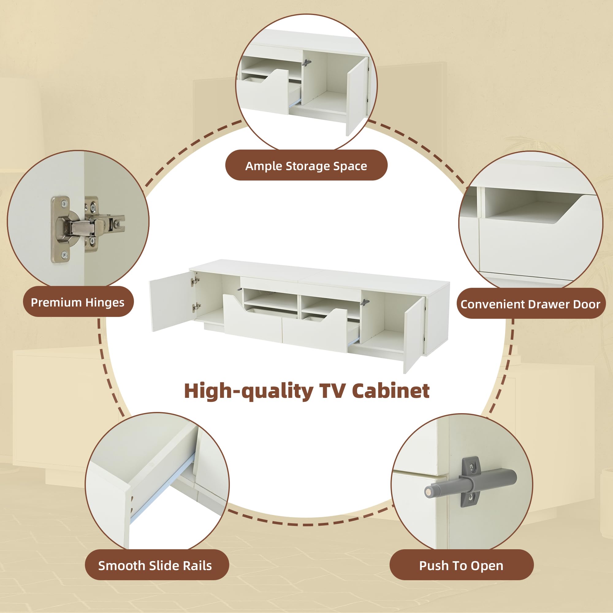 Mobile TV da 180 x 40 x 45 cm, con 2 cassetti e 2 armadi, mobile TV lucido con luci a LED, TV da 75 pollici, bianco
