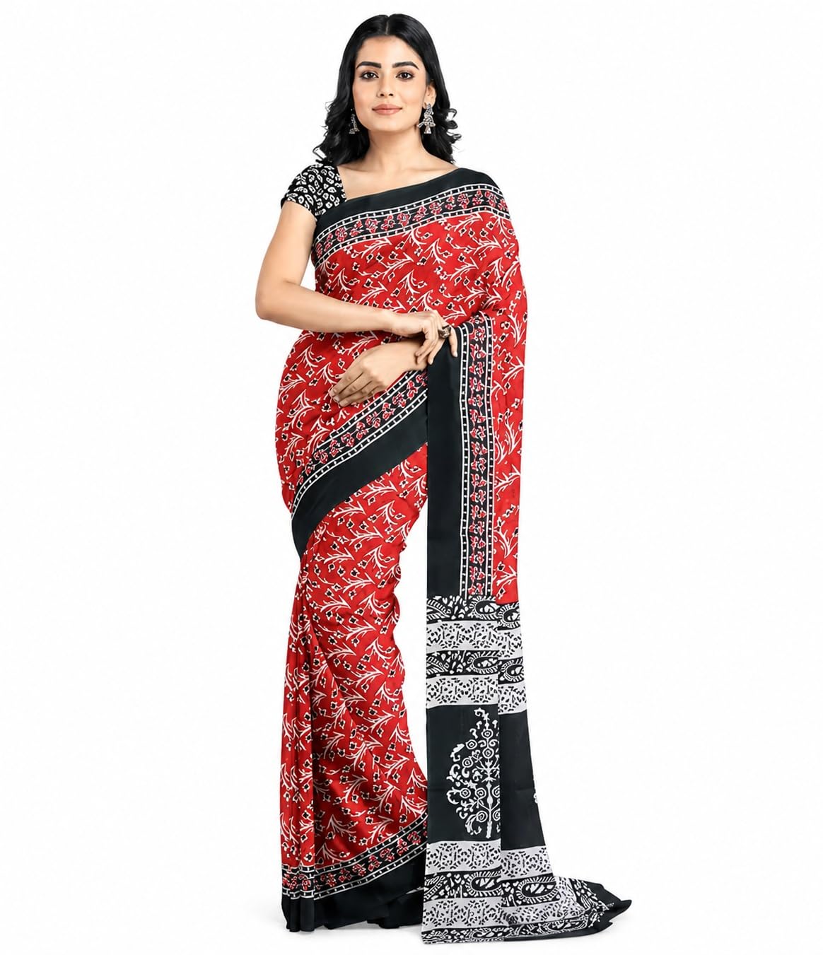 Ready to Wear Pure Cotton Printed Saree for Women with Unstitched Blouse – Soft, Breathable Lightweight Daily Wear Saree (Style 83, Black)-picture-49