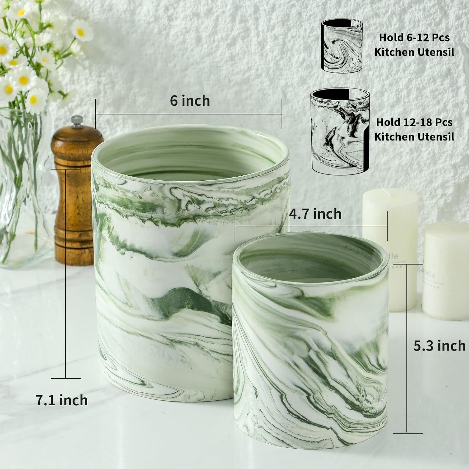 7"+5.3" Farmhouse Marble Utensil Holder, Large Kitchen Utensil Cooking Tools Holder Organizer , Marble Green Stable Utensil Crock Spatula Holder for Kitchen Countertop