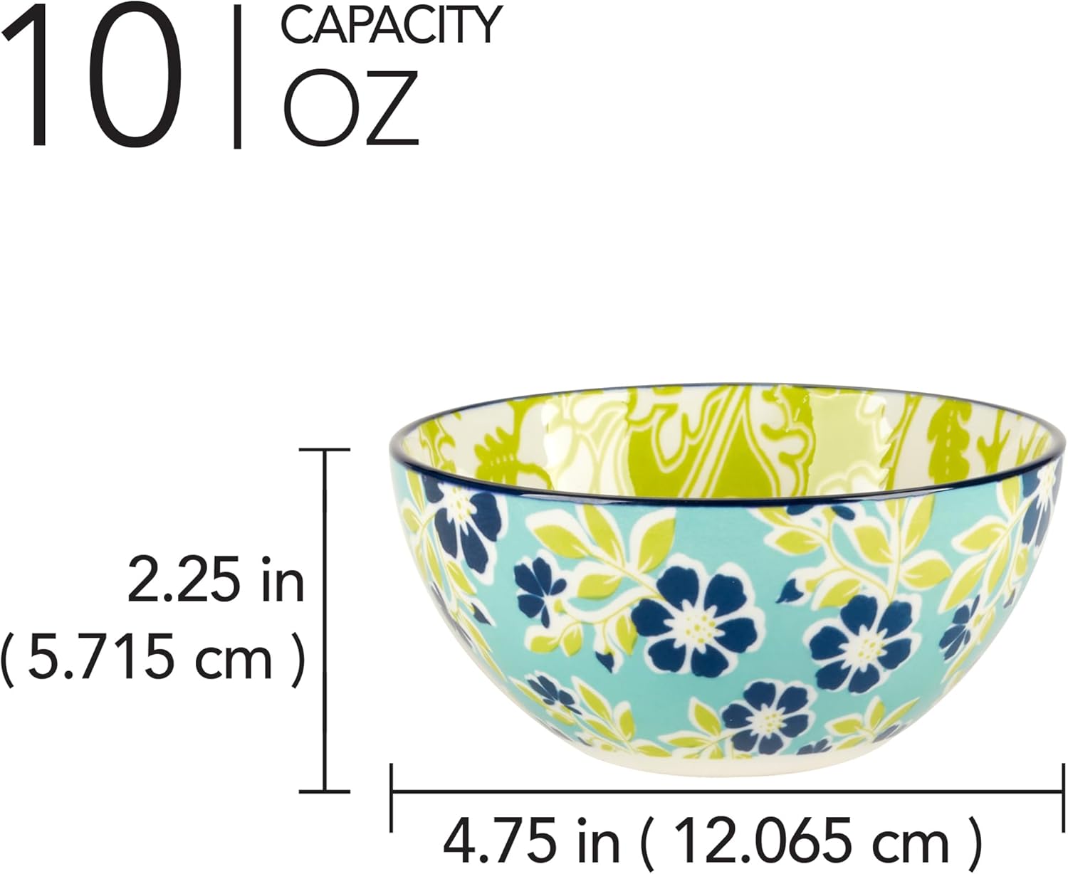 Tapestry 13 oz. Porcelain Bowls, Set of 6 – 4.75" Assorted Floral & Patterned Designs in Aqua, Navy & Lime – All Purpose Small Bowls for Cereal, Snacks, Ice Cream, Dips, or Entertaining
