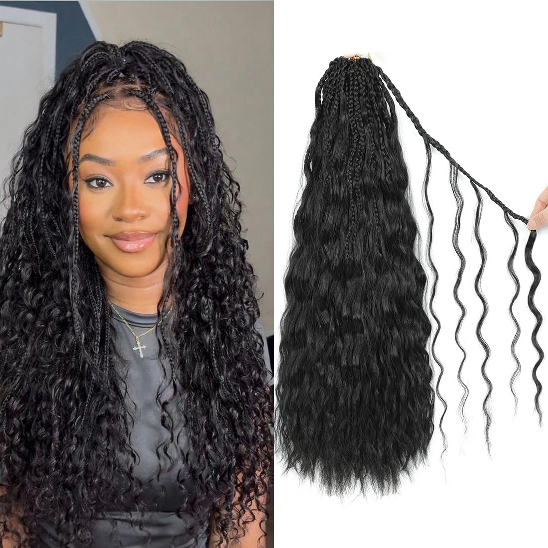 Photo 1 of Goddesty Bora Bora Crochet Braids Pure Protein Fiber Boho Crochet Braids Close to Human Hair 7packs Goddess Box Braids with Soft Curly End Crochet Hair for Black Women (#2, 18 Inch(Pack of 7))