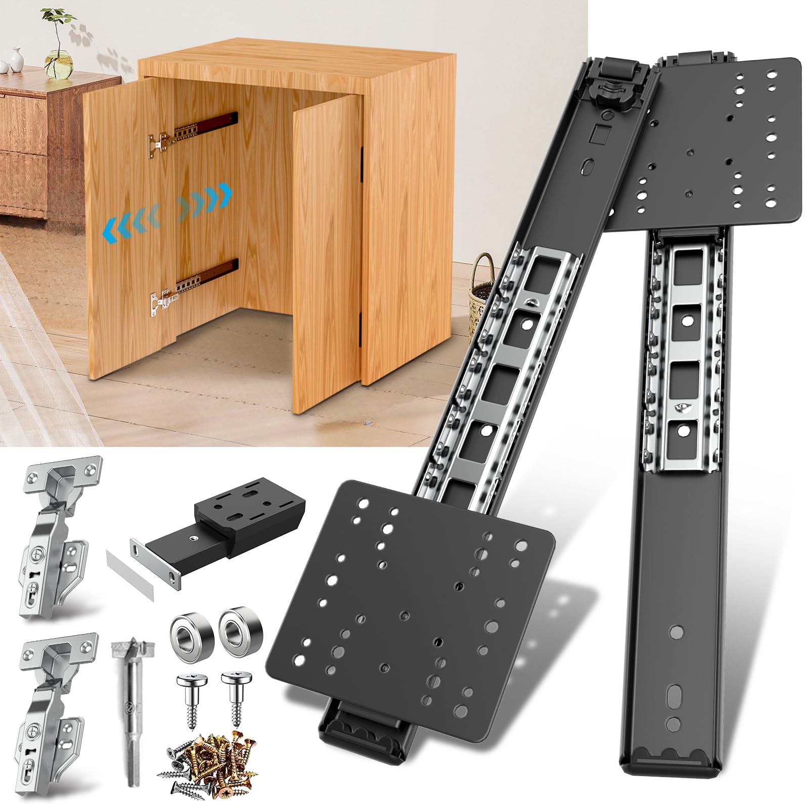 Pocket Door Slide kit, Pivot Door Slide Hardware Insert with Magnetic Push-Pull Latch for Cabinet Doors and Insert Doors, Durable and Silent Design for Kitchen Bathroom Furniture (14in, Pieces, 2)