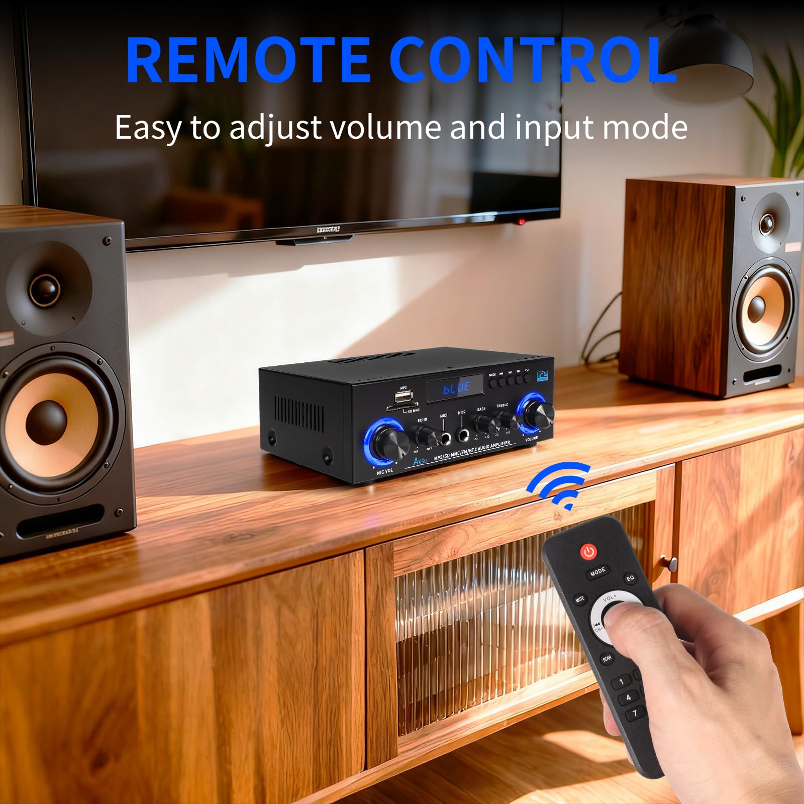 Amplificador de Audio Estéreo 2.0 Canales con Bluetooth 5.3, Radio FM y Micrófono - 1000W Pico (50W+50W RMS), Control de Graves/Agudos, Compatible con TV, Smartphone, Coche, PC y Karaoke