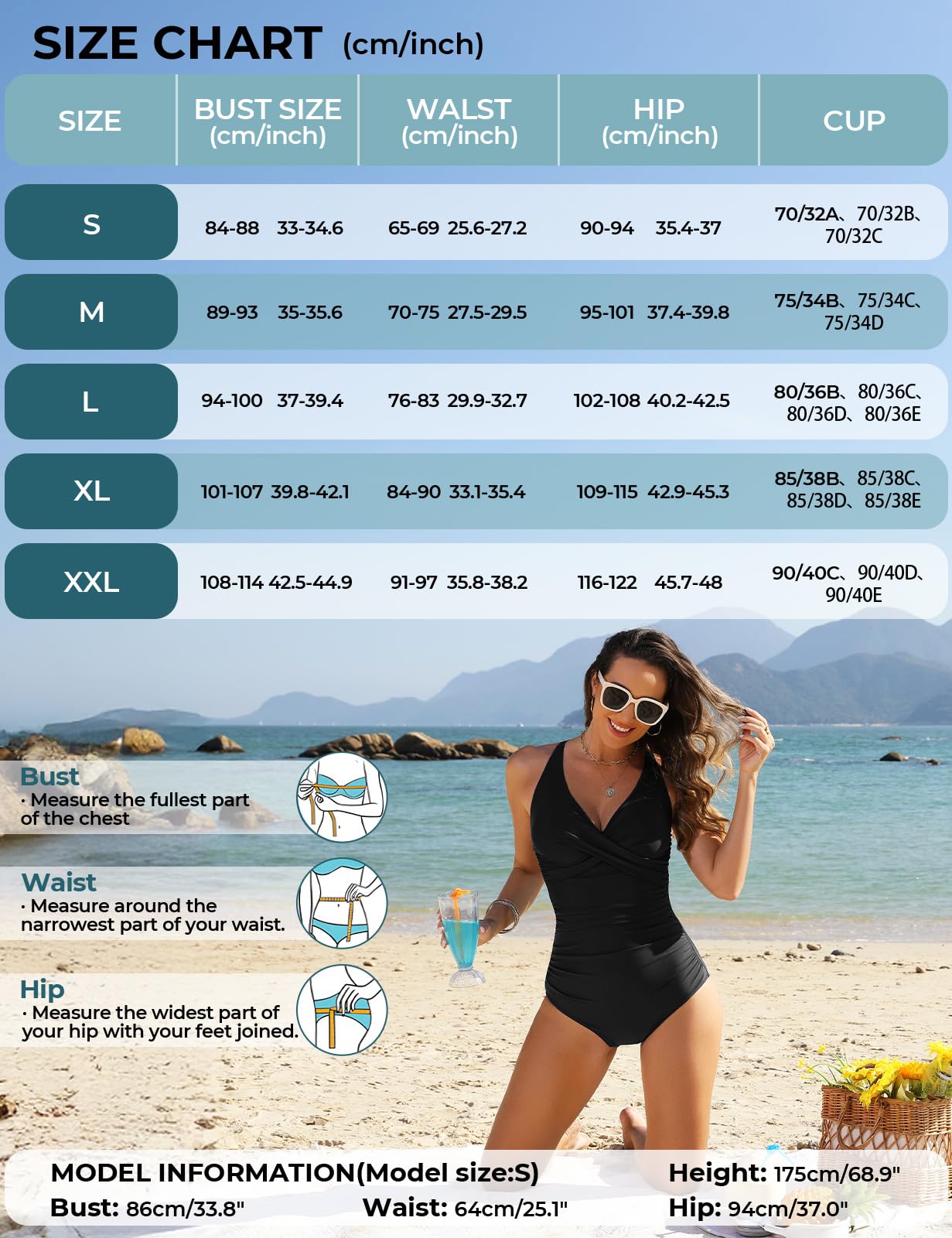 Tuopuda Badeanzug Damen Einteiliger Bademode v Ausschnitt Push Up Schwimmanzug One Piece Bauchweg Retro Badeanzüge Plus Size Badebekleidung