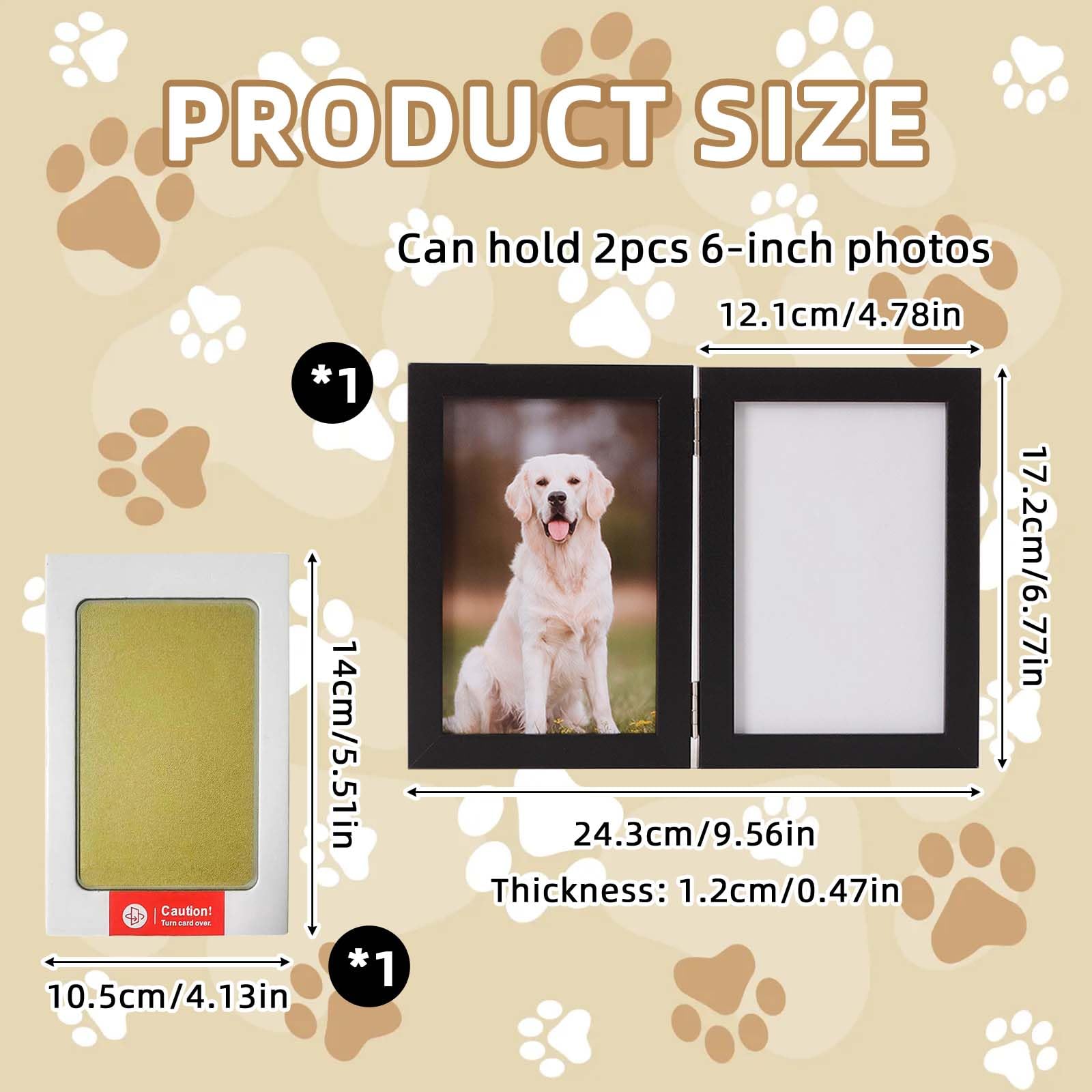 Impronta Zampa Cane Kit 2 in 1 Cornice Doppia Nera 1 Timbro Oro 2 Cartoncini Neri per Foto 8x12 cm Ricordo Animali Domestici