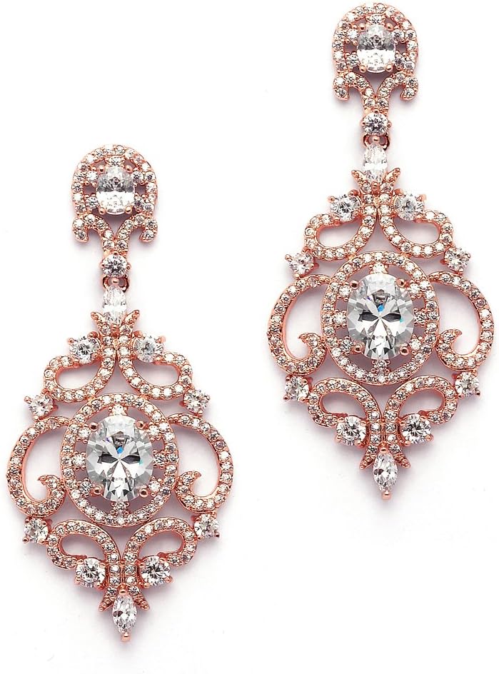 Mariell Victorian Scrolls 14k Rose Gold Plated Cubic Zirconia Wedding or Evening Chandelier Earrings