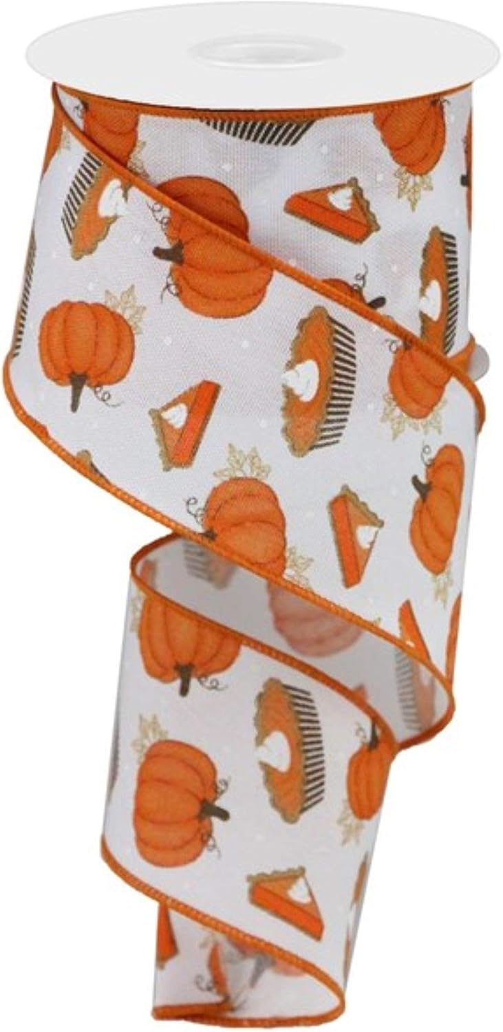 Pumpkin Pie on Canvas Wired Edge Ribbon, 10 Yards (White, 2.5 Inch)