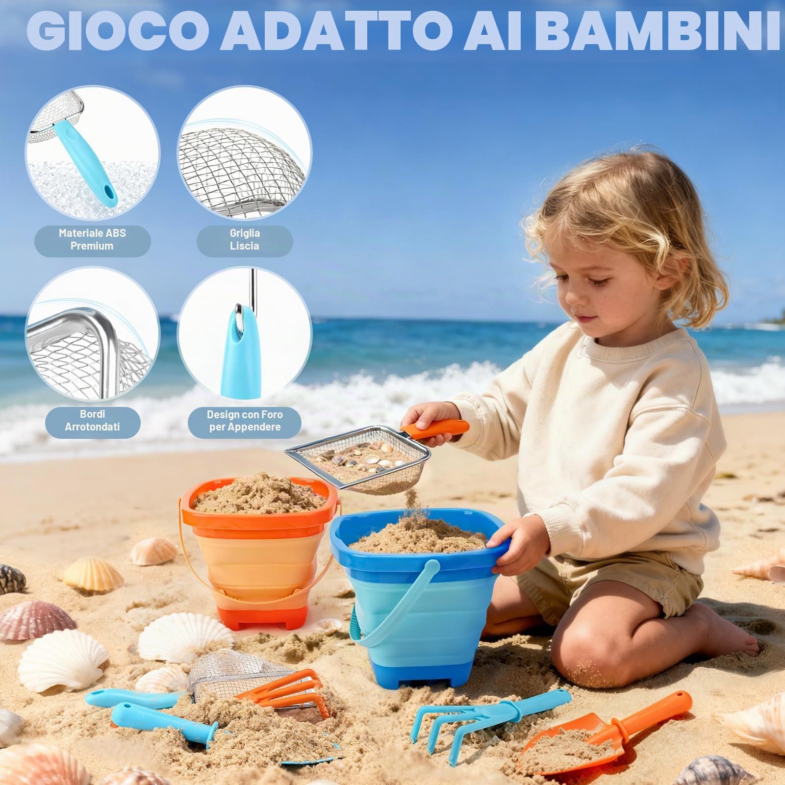 Dreamon Giochi Spiaggia Bambini Set 3 4 5 Anni con Secchiello Spiaggia Bambini Pieghevole Sacco a Rete Setaccio per La Sabbia Pala e Rastrello Giocattoli Regalo Esterno per Bambini e Bambine