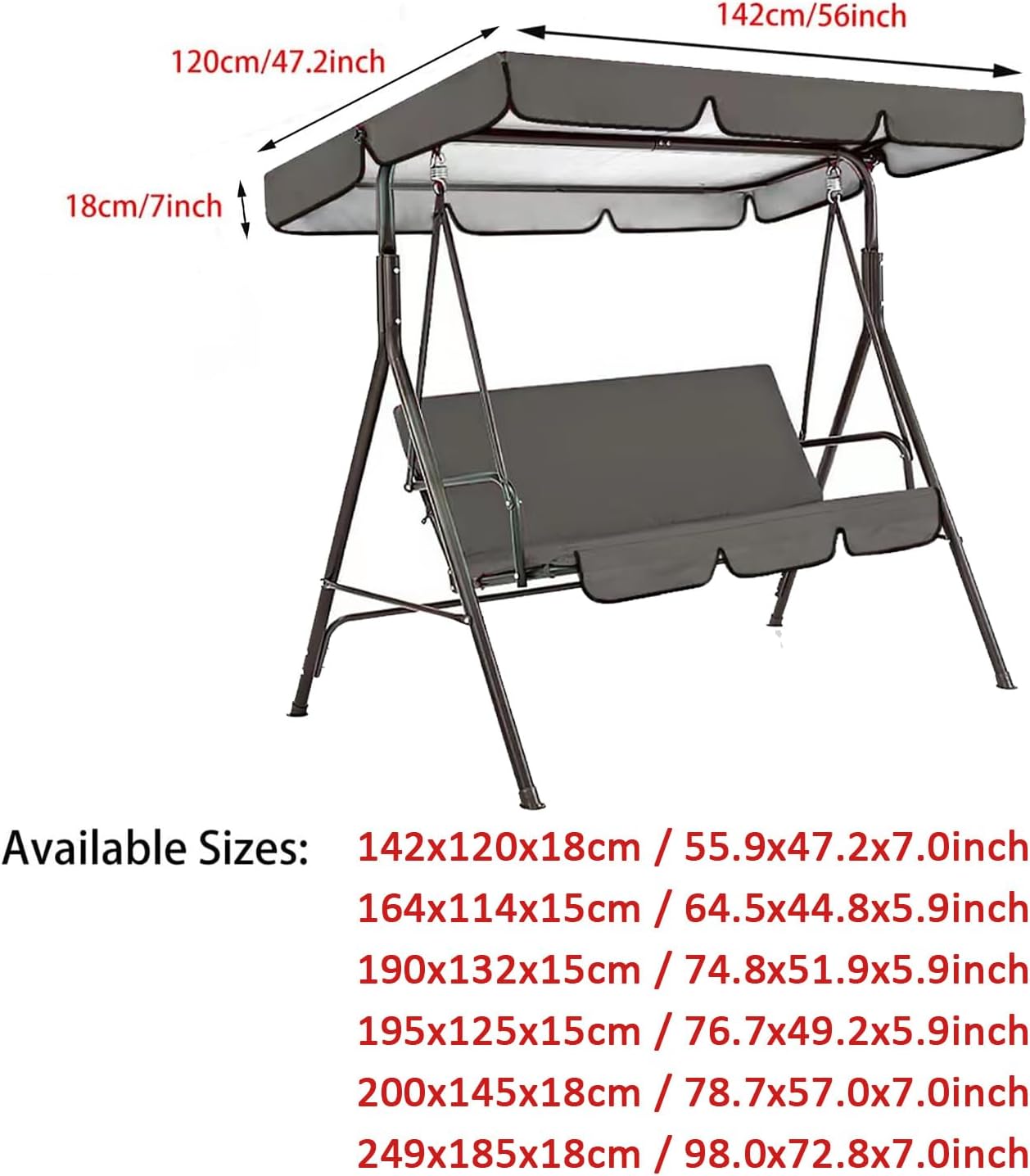 Patio Swing Sets for Backyard,Swing Canopy Replacement, Swing Cushion Cover 2/3 Seater Waterproof Garden Seater Sun Shade Porch Hammock (Size:Top:64.5x44.8x5.9inch Chair:57.4*19.6*3.9inch,Color:Gray)