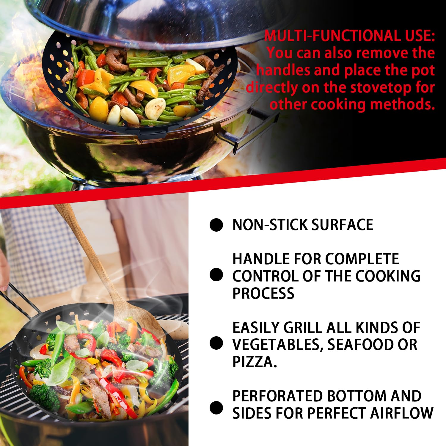 Sartén de acero inoxidable con mango plegable, bandeja con base perforada para asar verduras y carne