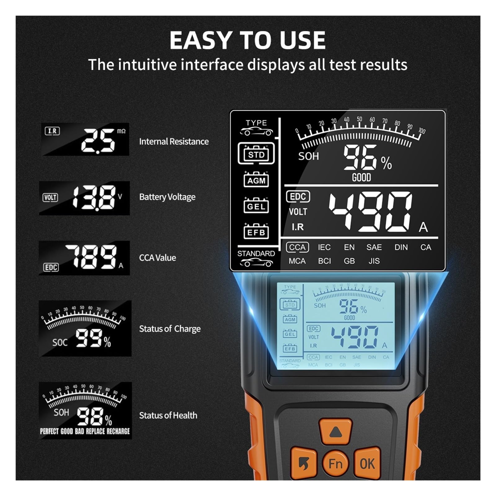 Probador De Batería Con Pantalla LCD 2,8 Pulgadas, Indicador Voltaje Estado Resistencia Interna For Automóviles Y Motocicletas Detección Rápida Precisa