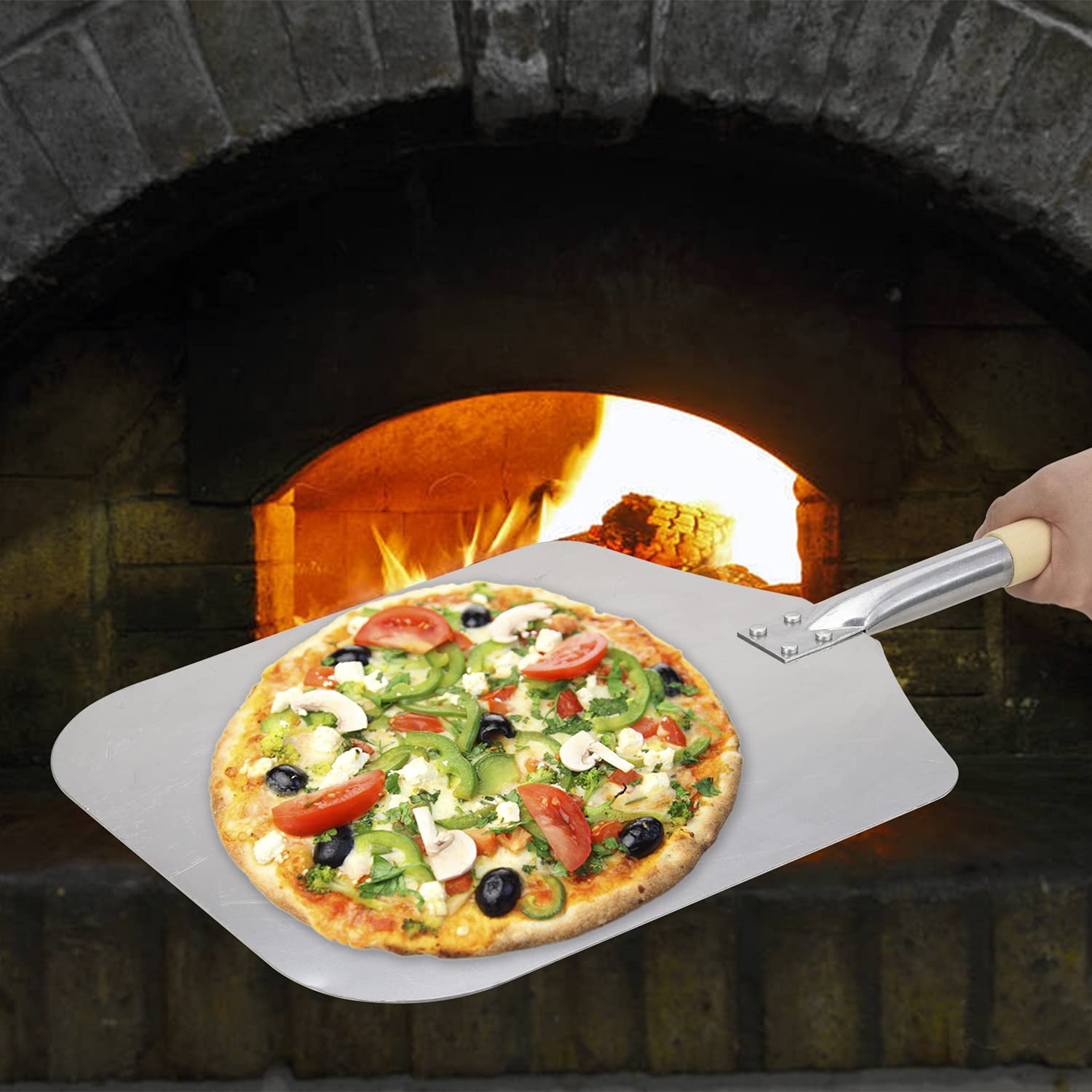 Pelle à pizza en aluminium avec poignée en bois amovible, lame de 30,5 x 35,6 cm, long manche de 30,5 cm, 66 cm au total – Accessoires de four à pizza d'extérieur