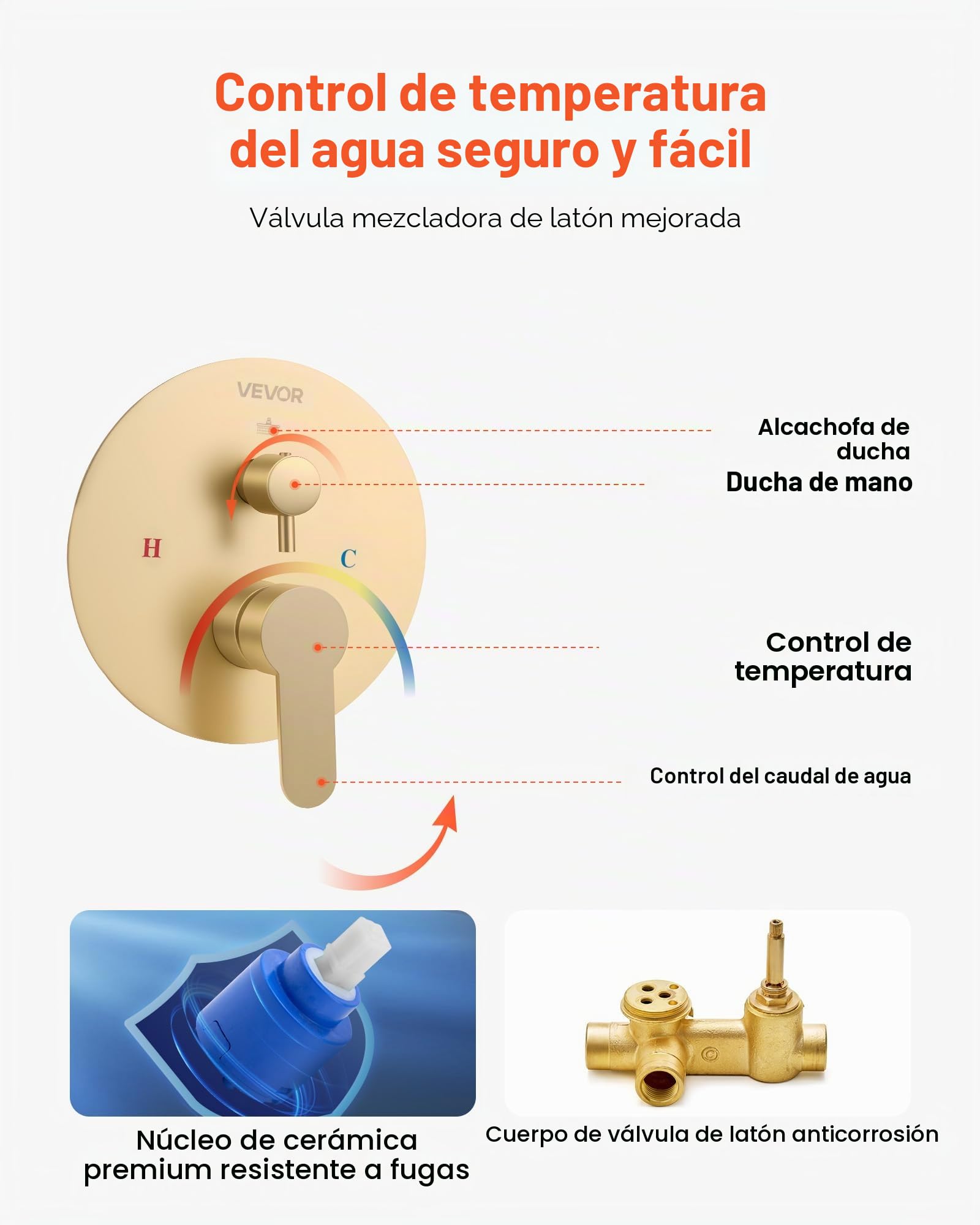 VEVOR Juego de Grifo de Ducha de Lluvia con Cabezal de Ducha Redondo de 25,4 cm y Rociador de Mano, Grifería de Baño de Pared con Válvula de Latón y Kit de Embellecedor, 6,7 L/min, Oro Cepillado