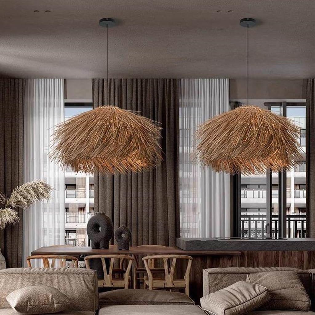 Pendelleuchte E27 Kreative Hängeleuchte Aus Rattan Handgewebt Hutform Vintage Bohemian-Stil Höhenverstellbare Deckenlampe Esstisch Lamp Für Esszimmer Wohnzimmer Schlafzimmer