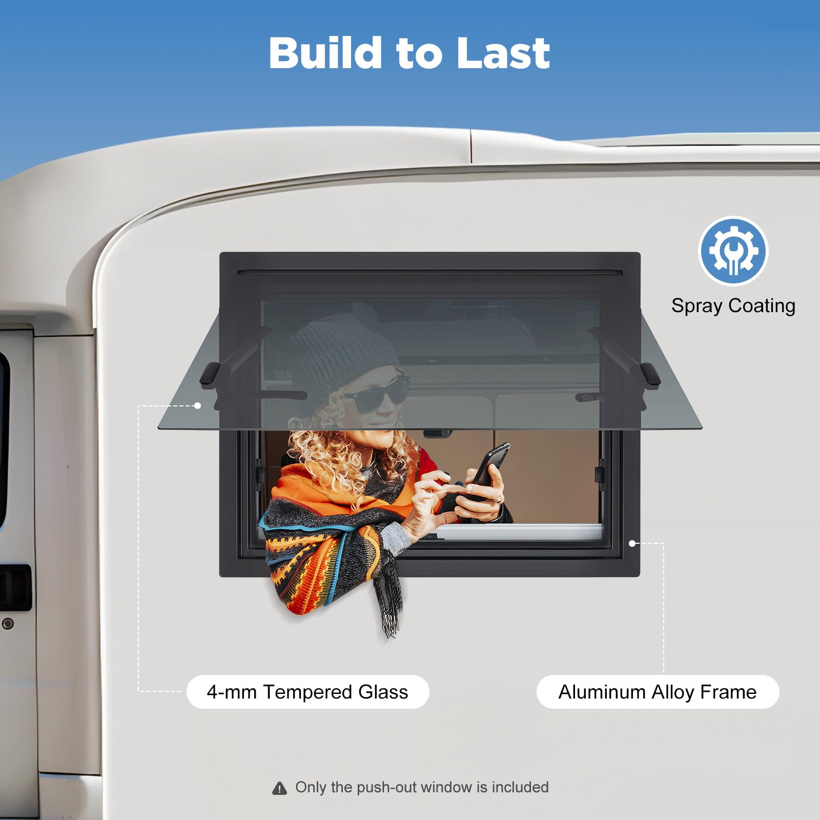 Wohnmobilfenster Ausstellfenster 600x450mm Wohnmobil Fenster 65° Wohnwagen Fenster Seitenfenster mit Integriertem Rollo und Fliegengitter, RV Externes Push Fenster für Van Camper