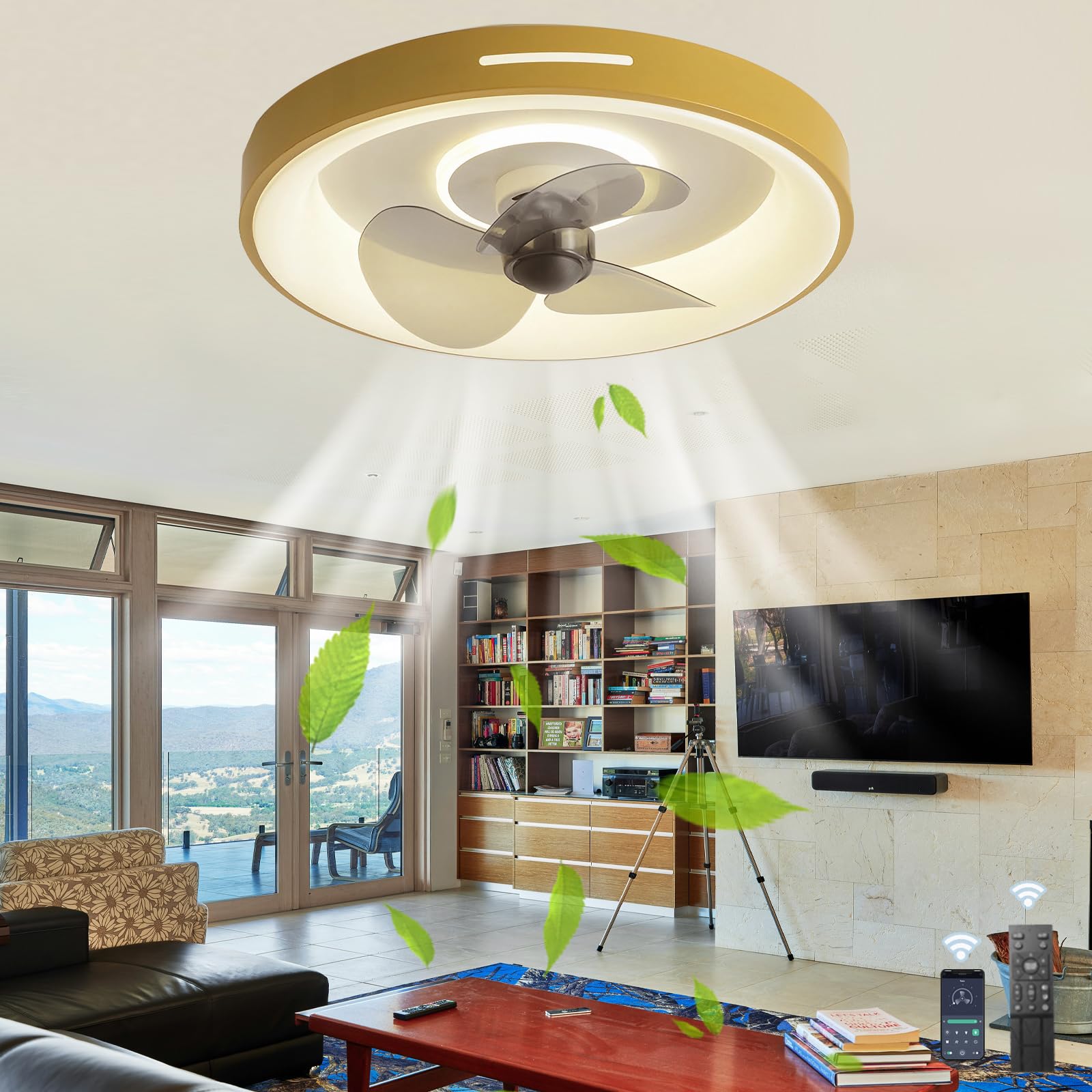 HXYSXHJUO Ceiling Fans with Lights Remote Control/APP, Silent Fan Lamp for Bedroom, Reversible DC Motor Light Ceiling, Dimmable，for Living Room, Lounge,Office-Yellow