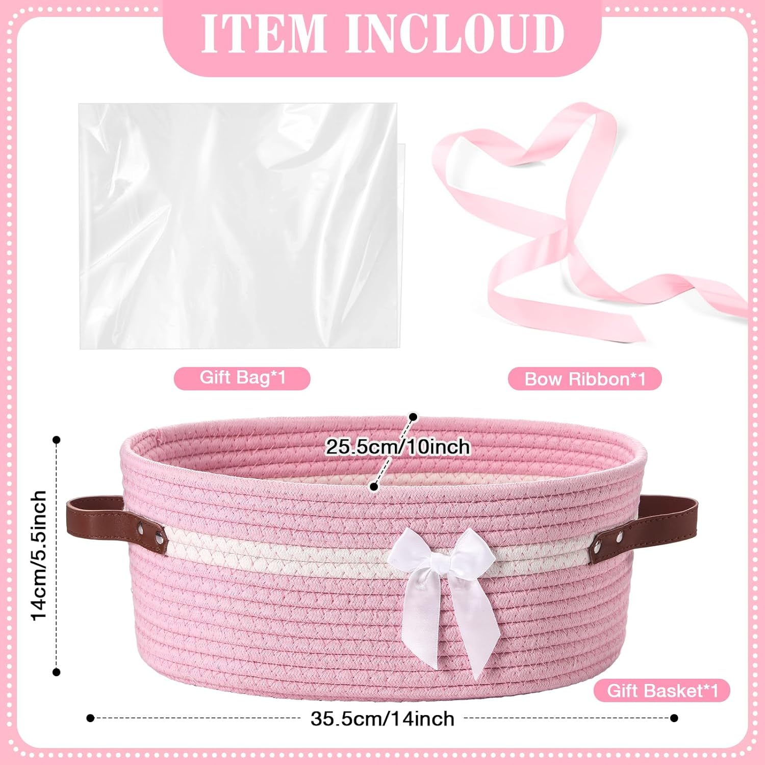 Colingmill Small Woven Basket for Gifts Empty Set with Gift Bags and Ribbon Valentine's Day Gift Baskets and Wrapping Set Storage 14"x 10"x 5.5" Decorative Box for Wedding Baby Shower(Pink)