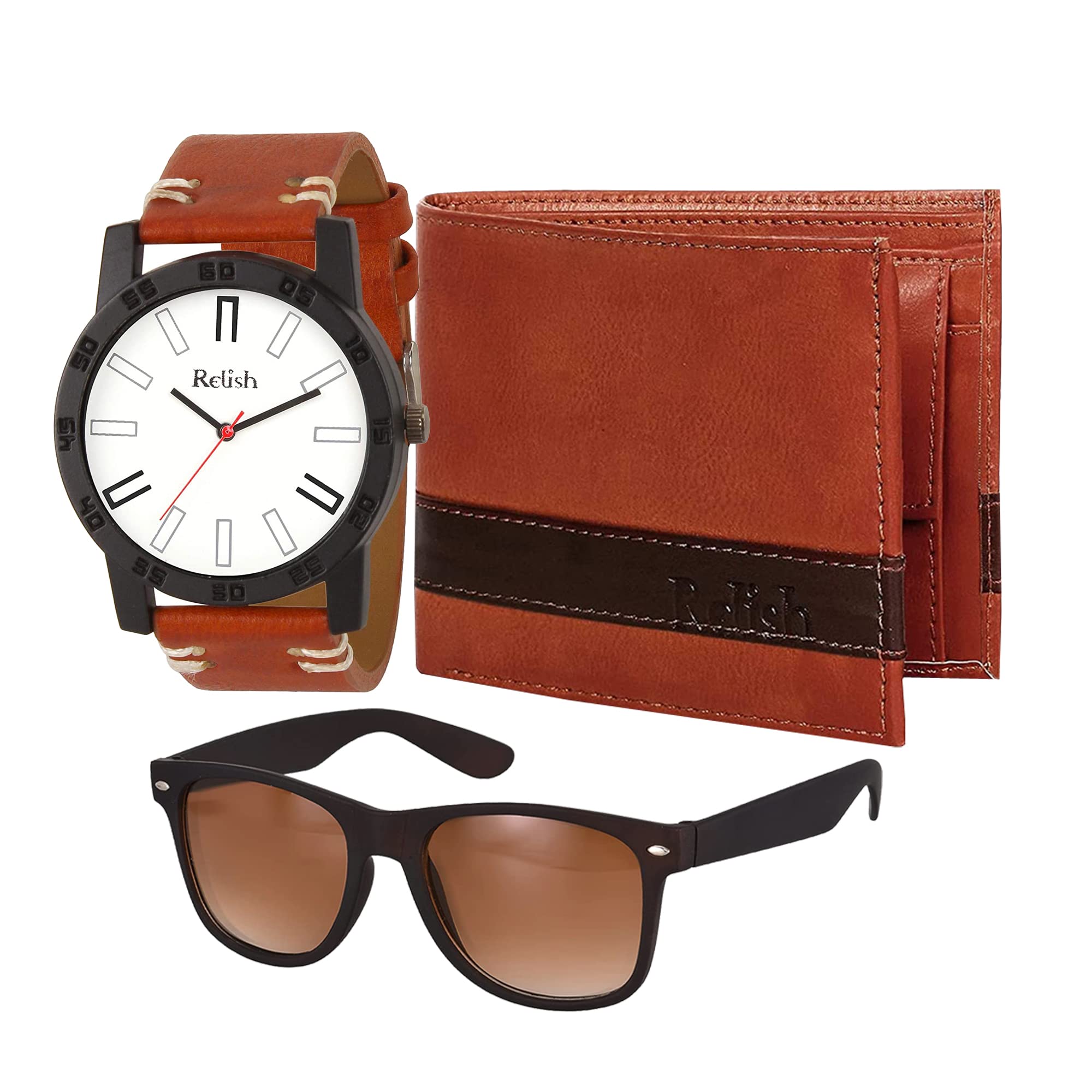 Relish Mens White Dial Analogue Watch,PU Leather Wallet and Wayfarer Sunglasses Combo (B0B1Q3QSY7) Amazon Price History, Amazon Price Tracker