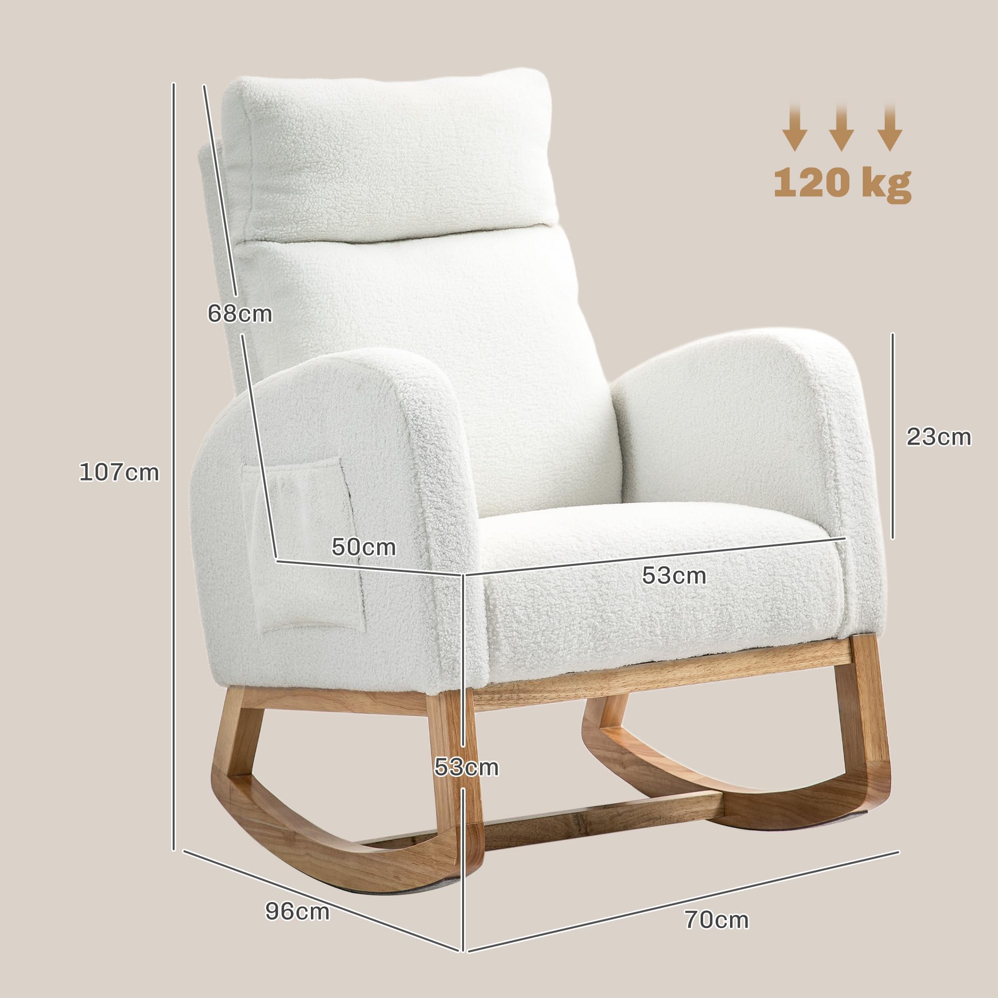 HOMCOM Schaukelstuhl, Schwingsessel, Armlehnsessel, Stillsessel mit Samtoptik, Schaukelsessel bis 120 kg belastbar, für Schlafzimmer, Wohnzimmer, Cremeweiß