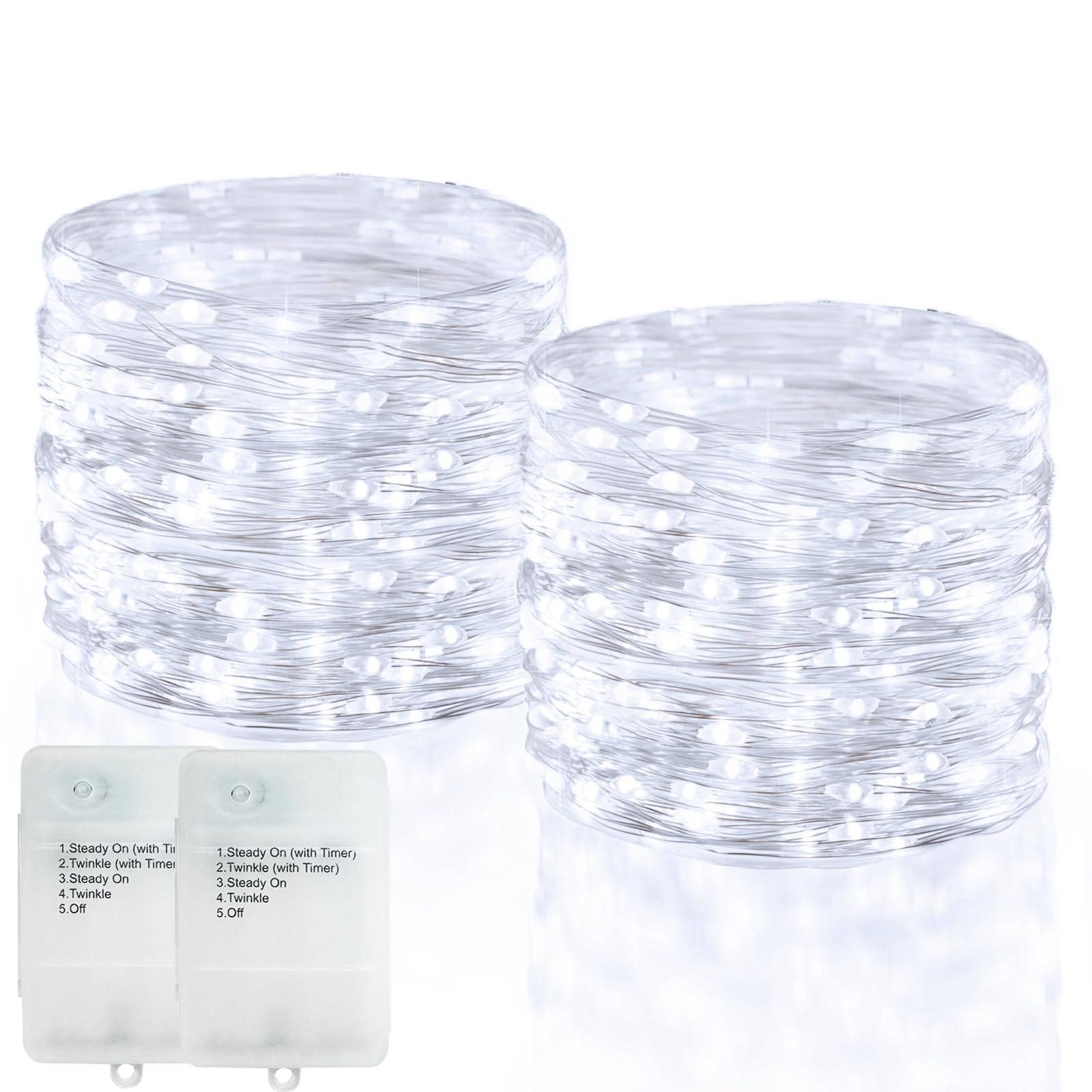2 Stück LED Lichterketten Batterien, 10M 100 LED Silber Lichterkette Weihnachten mit Timer 5 Modi DIY Lichterkette Draht Garten Party Hochzeit Deko (Weiß)