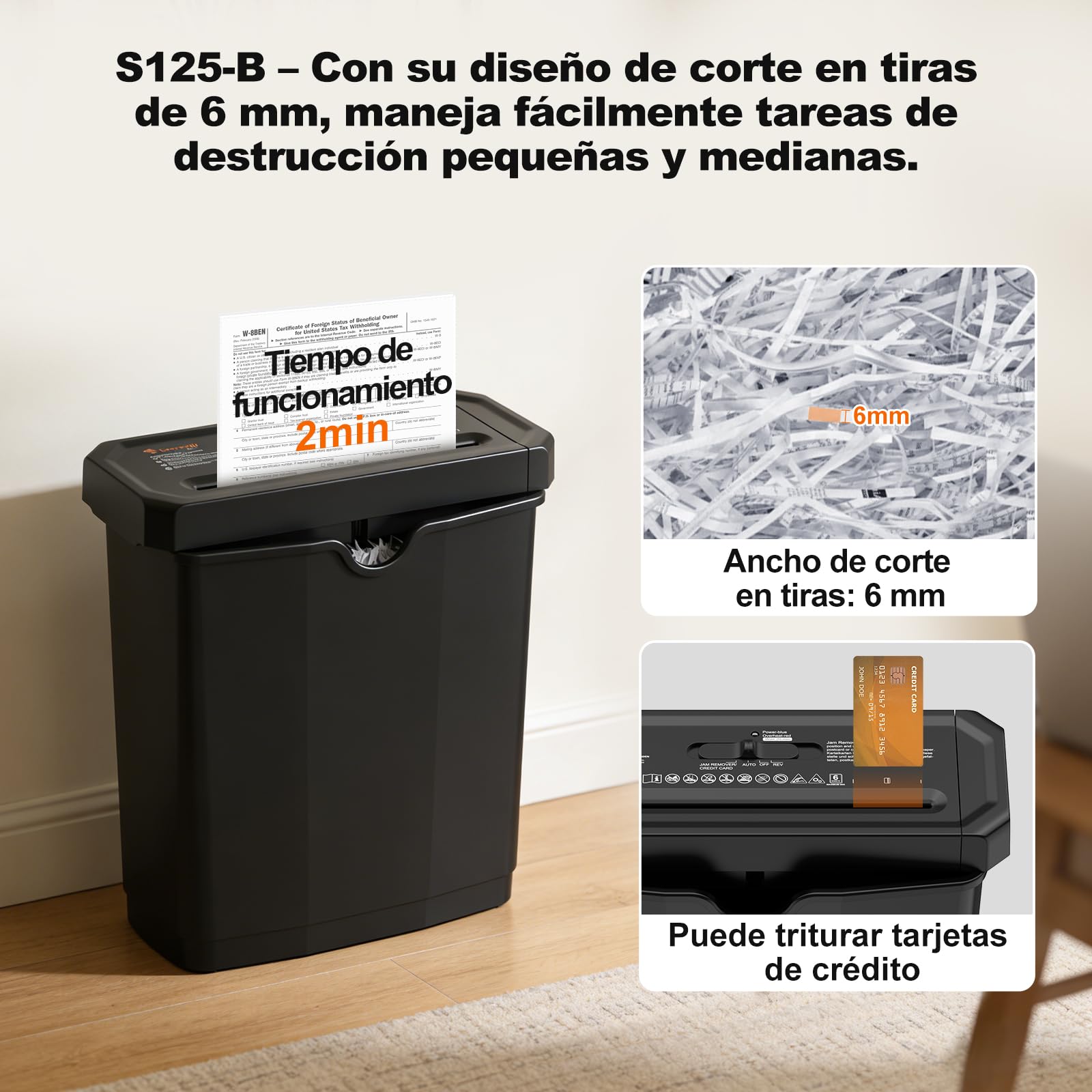 Bonsaii Destructora de Papel de 6 Hojas con Corte en Tiras para Oficina en casa, con función de triturar tarjetas de crédito, adecuada para cestos de basura de 315 a 395 mm, con Papelera de 7L, S125-B