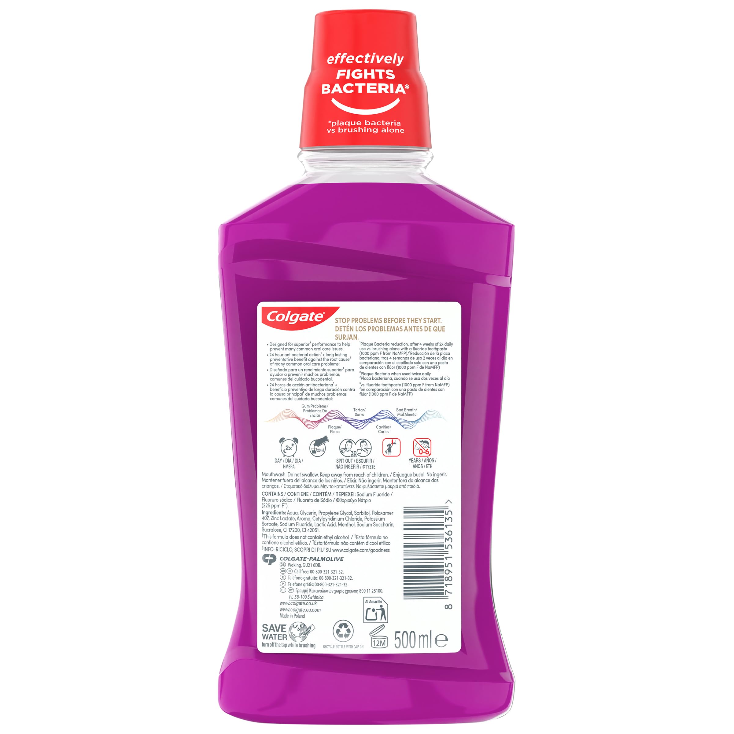 Enjuague Colgate Total Advanced Encías Sanas Menta Suave Pack 12 x 500ml | Protección Antibacteriana Ininterrumpida* | 5 Veces Mayor Protección de las Encías** | 0% alcohol***