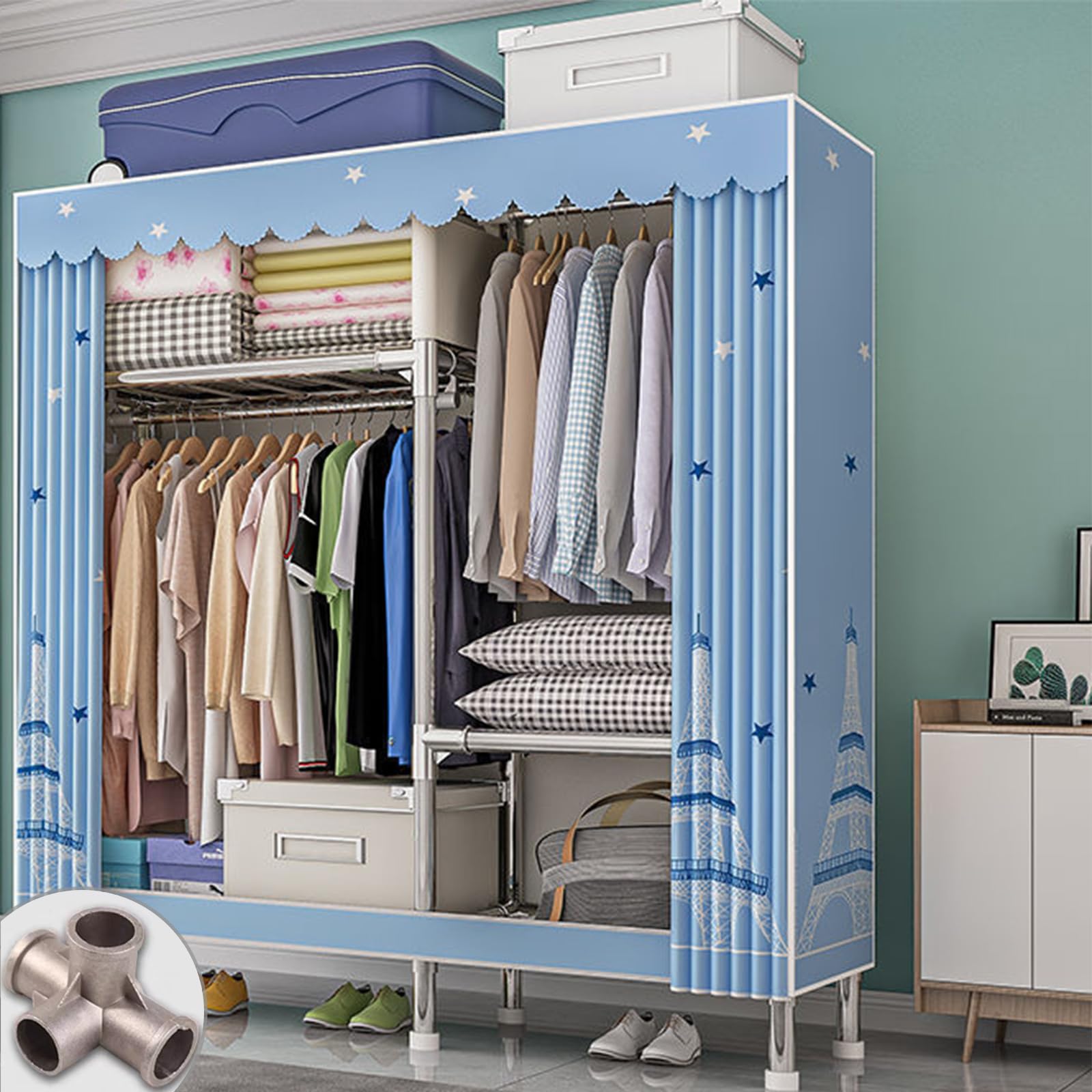 Kleiderschrank,Einfach Aus Stoff Faltschrank Stoffschrank Furniture Bedroom Wardrobes,Stoff Vorhang Für Garderobe Metall,Schrank Schlafzimmer (Blau)