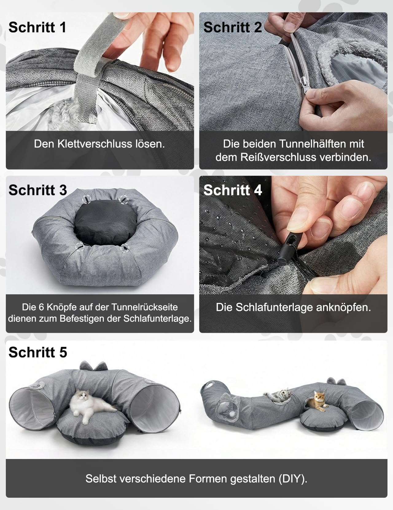 Cuccia per gatti, tunnel 3 in 1, rotonda | Lino traspirante, letto rimovibile, per l'estate, a forma di S, regolabile, per gatti e conigli