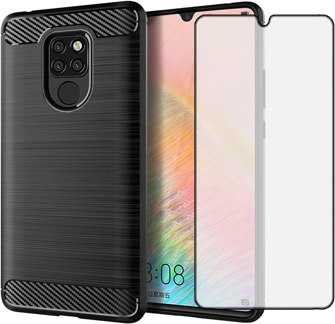 Compatible with Huawei Mate 20 X 5G Phone Case and Tempered Glass Screen Protector with Shockproof Carbon Fiber Cell Accessories Hawaii Hawaii Mate20X 4G Mate20 20X G5 7.2 inch for Women Men Black