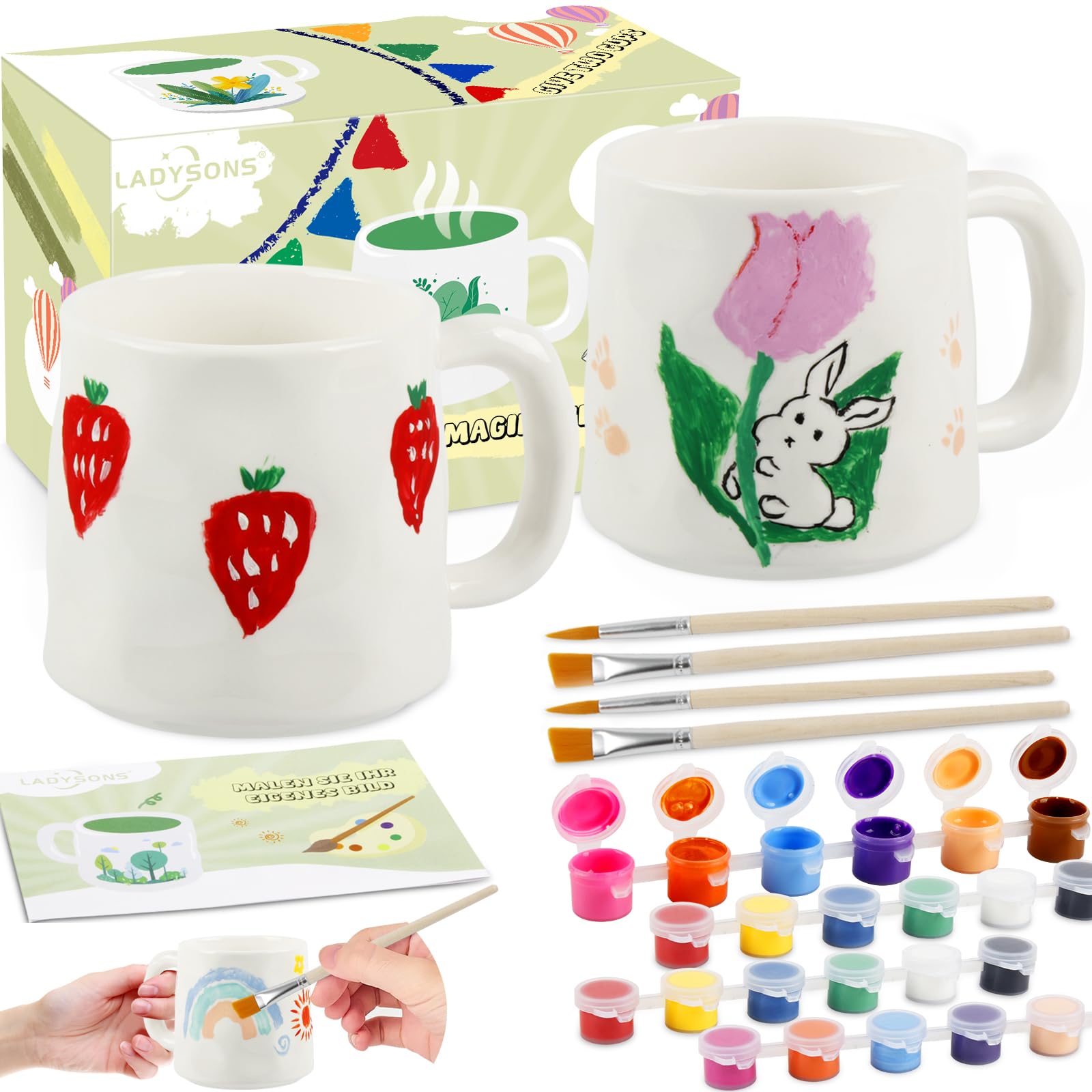 Juego de Pintura de Cerámica, Kit de Manualidades para Adultos, Pintables Dos Taza de Cerámica para Pintar Personalizada para Adultos Incluye Tazas, Pinturas, Pinceles y Guía de Inspiración