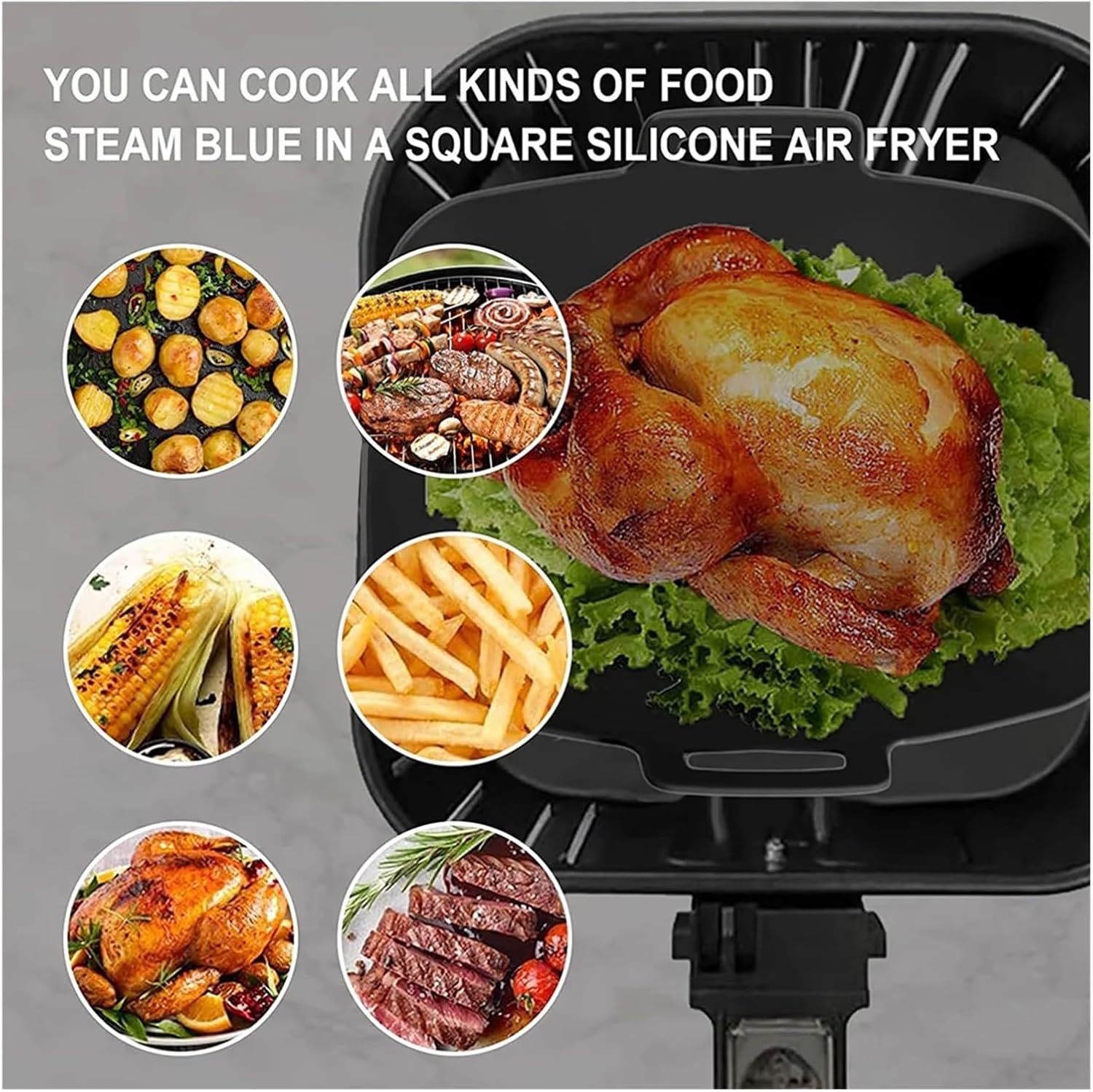 2Pcs Air Fryer Silicone Pot With Handle Air Fryer Liner Heat Resistant Silicone Basket Rectangle Baking Pan Air Fryer Accessory(Gray)