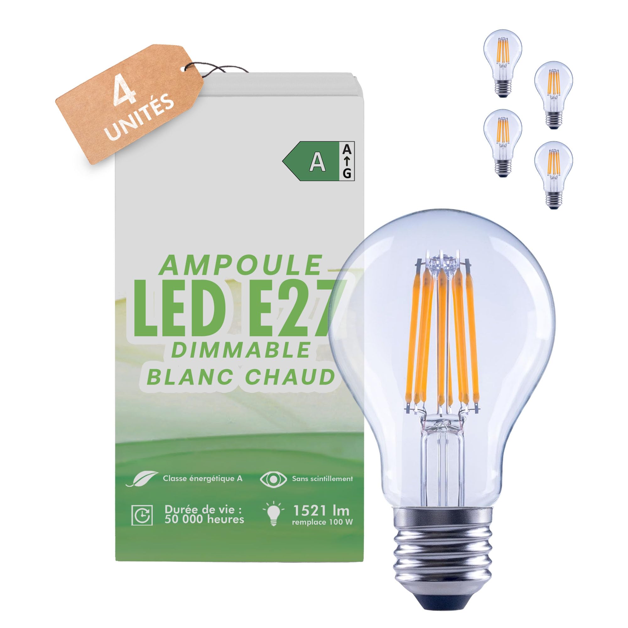 greenandco 4x Ampoule à filament LED | transparente | dimmable | E27 A60 | 7,2W 1521lm | remplace 100W | 3000K blanc chaud | 320° | 230V | sans scintillement | Classe énergétique A
