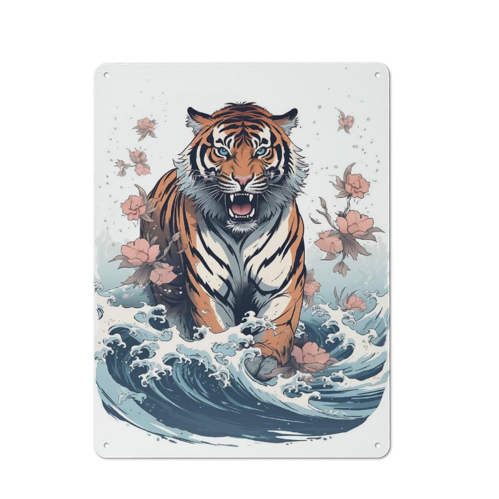 Modern Retro Decorative Metal Plaque 40x30cm Featuring Great Wave Tiger, Loft Wall Plaque for Flat, Bar, Studio Or Gallery Wall