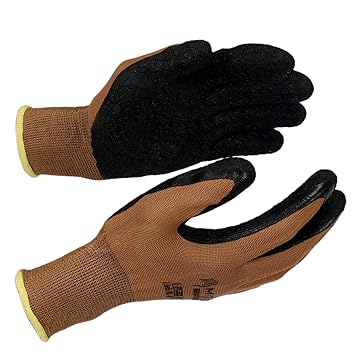 Kinora Safety Nylon Shell with Front Crinkle Finish Latex Coating Medium Safety Gloves (Brown/Black, 20 Pair)