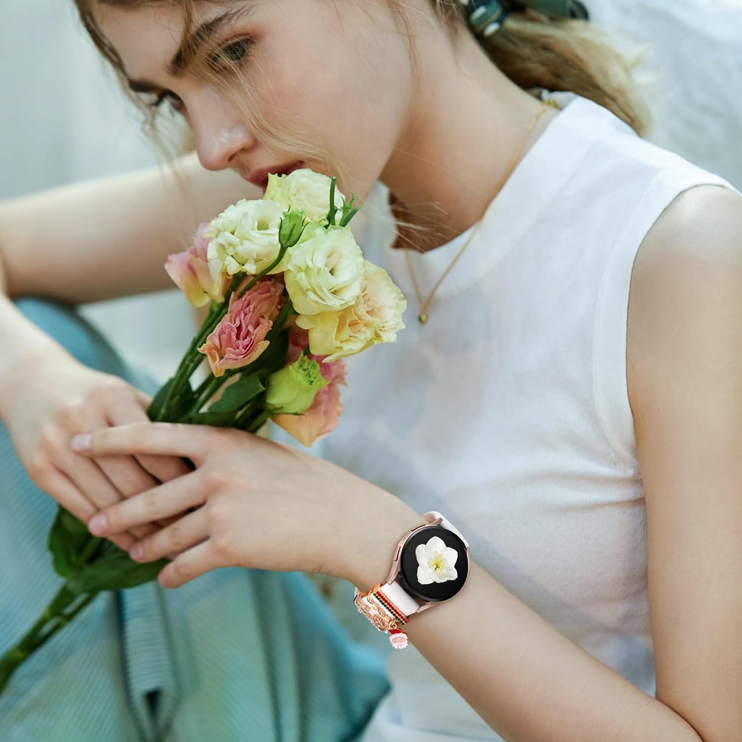 DaQin Flower Engraved Band Compatible with Samsung Galaxy Watch 7 Band/FE 6 5 4 40mm 44mm,Galaxy Active 2, 20mm Watch Band Soft Silicone Replacement Strap with Decorative Charms Accessories Women - Image 8