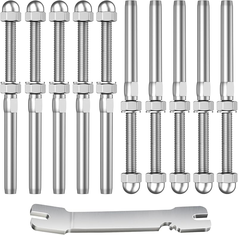 BLIKA Paquete de 10 accesorios de extremo de tensión con perno roscado para barandilla de cable de 1/8" | Para barandilla de cable de escalera de cubierta, acero inoxidable T316, tensor de barandilla de cable de 1/8" para poste de madera/metal de 2"x2"