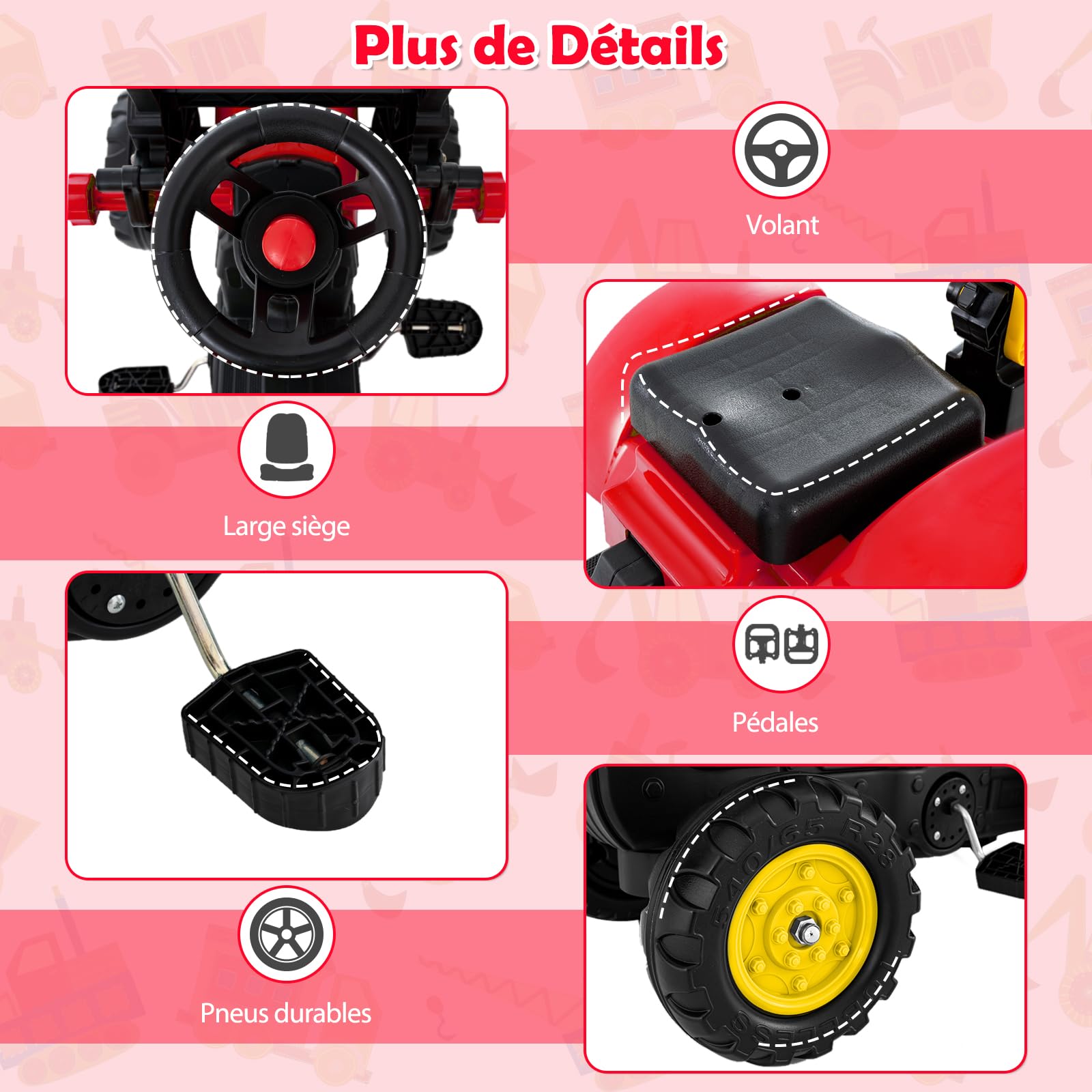 COSTWAY 3 en 1 Tractopelle Enfant avec Pelle & Remorque Amovible, Tracteur à Pédales Enfants avec Volant & 6 Pneus Durables, Charge 35kg, Pelleteuse pour Enfant de 3-6 Ans (Rouge)