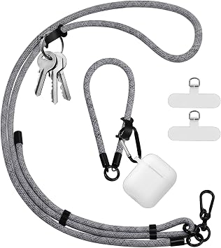 Adjustable Crossbody Cell Phone Lanyard and Wrist Strap with 2 Stickness Pads, Assembled Leather Hangers for Carry Sunglasses and Earphones CasesGrey