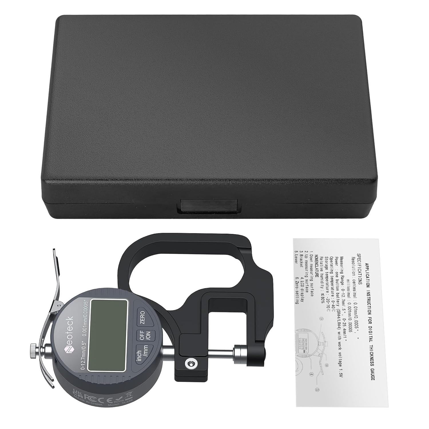 Neoteck Digital Thickness Gauge 0.5inch/12.7mm,0.00005inch/0.001mm LCD Display with Inch/MM Conversion One-Hand Quick Press Thickness Measuring Tool for Leather Paper Fabric Film etc.-Silver-Grey