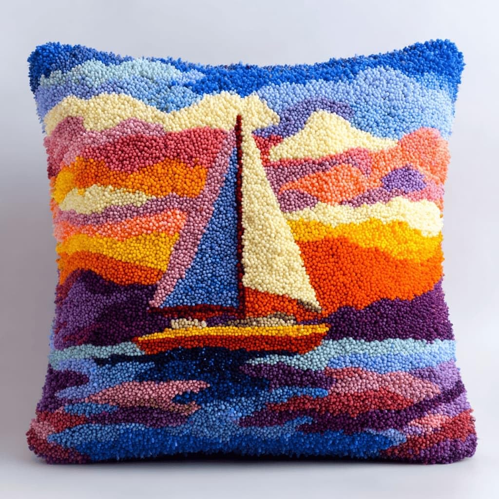 Latch Hook Pillow Kit For Adults,Sailboat 17X17In Latch Hook Kit For Pillow Cover With Instruction For Beginner Cross Stitch Sofa Cushion Cover With Crochet Yarn For Beginners And Home Decor