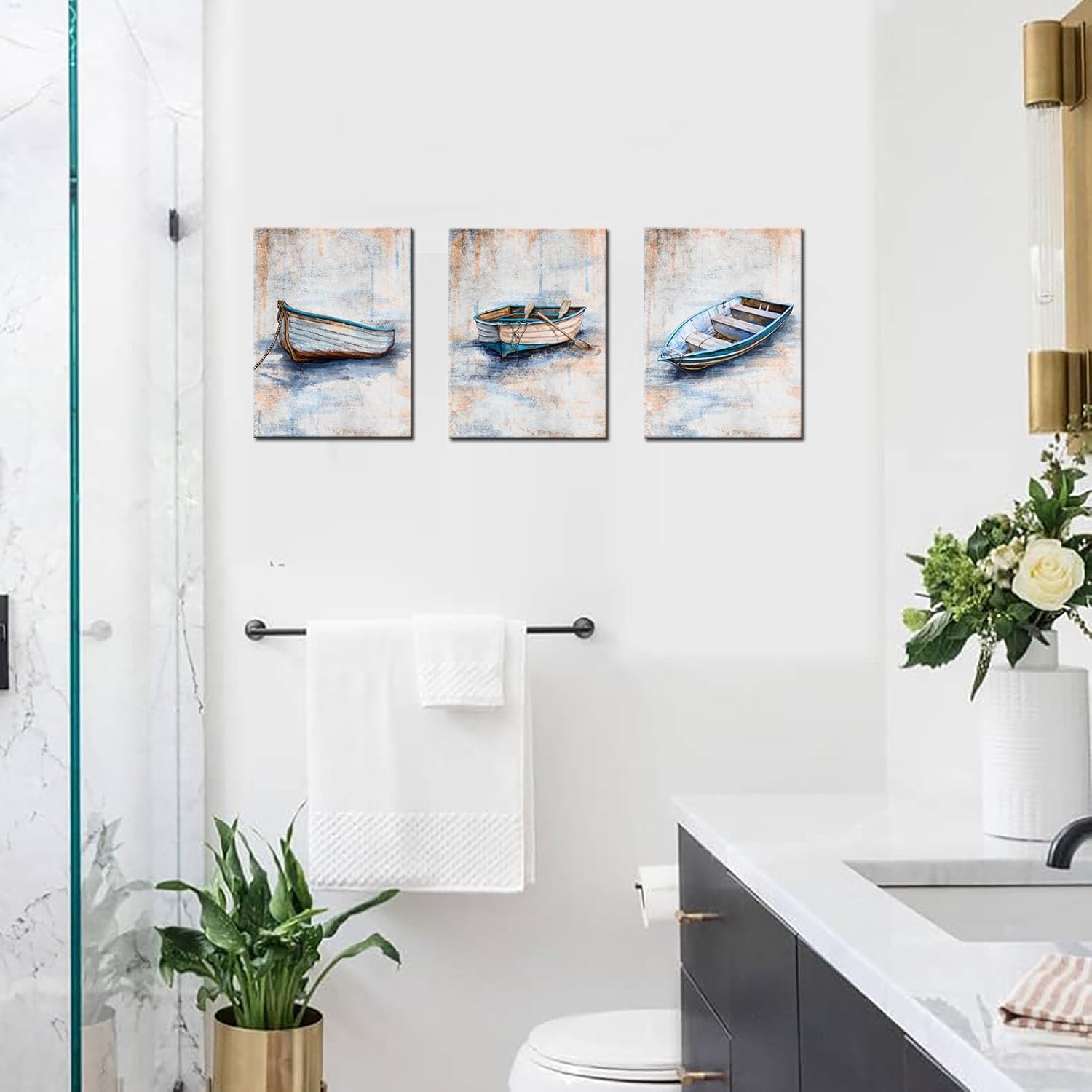 KLVOS Coastal Beach Canvas Wall Art Blue Sailing Boat Painting Pictures Framed Abstract Nautical Artwork for Bathroom Living Room Bedroom Home Decoration 12x16inchx3PCS - Image 4