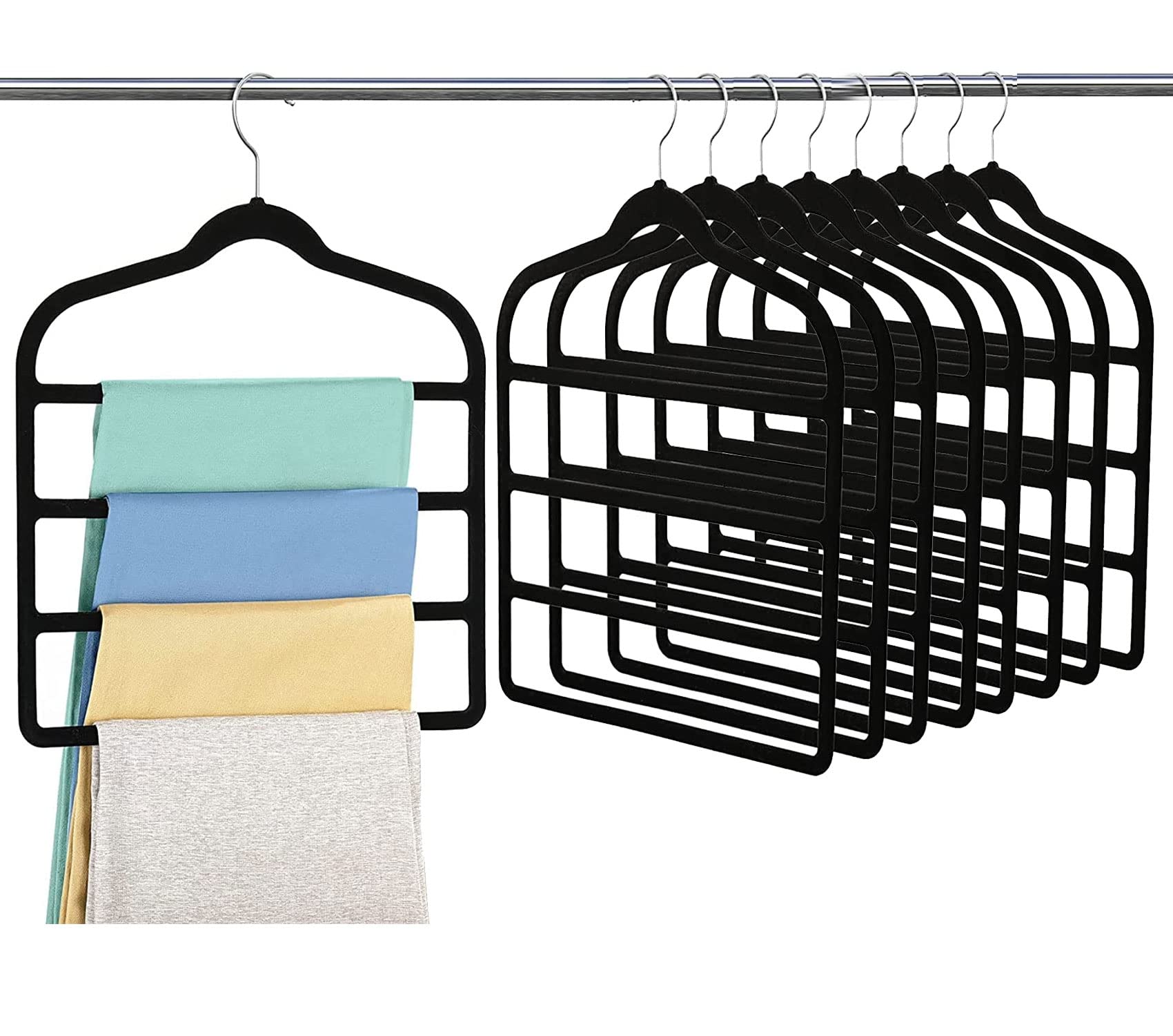 Excefore Pants Hangers Non Slip Space Saving Hangers Multi-Layer Swing Arm Velvet Pant Hanger 4Tier Space Saver Hanger for Pants Jeans Scarf Trouser Tie Towel Silk Clothes (10 Pack L Size, Black)