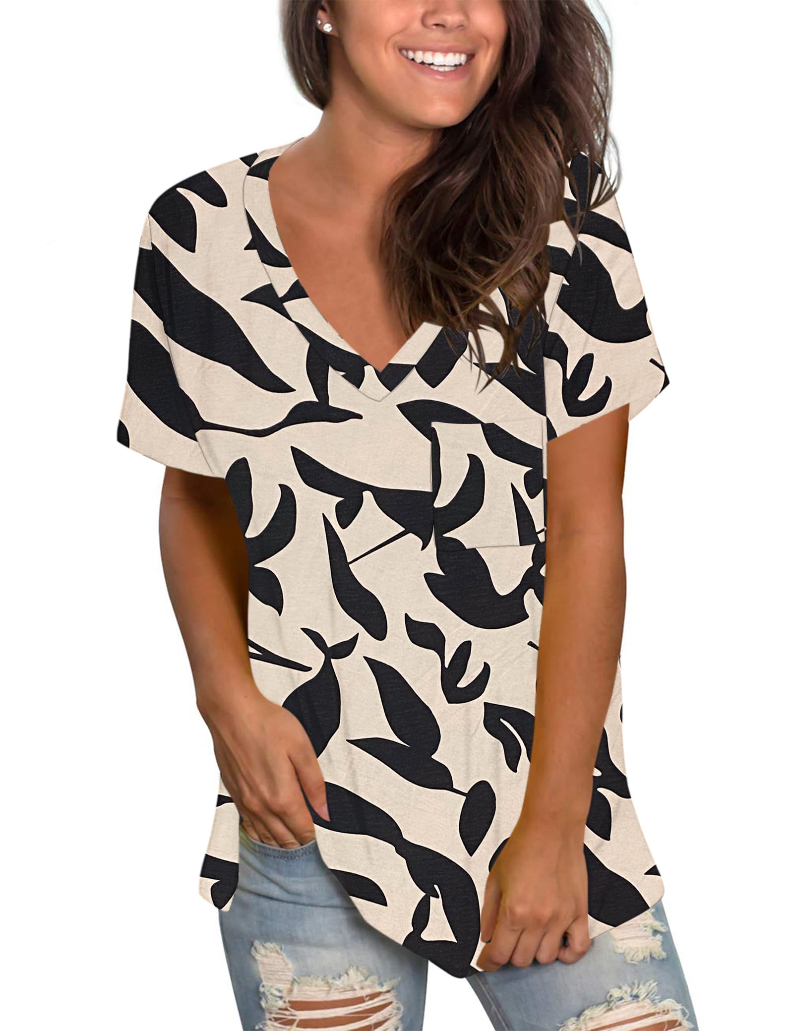 MOLERANI Womens T Shirts Short Sleeve V Neck Loose Summer Tees Basic Tops with Pocket Apricot Black Leaf 2XL