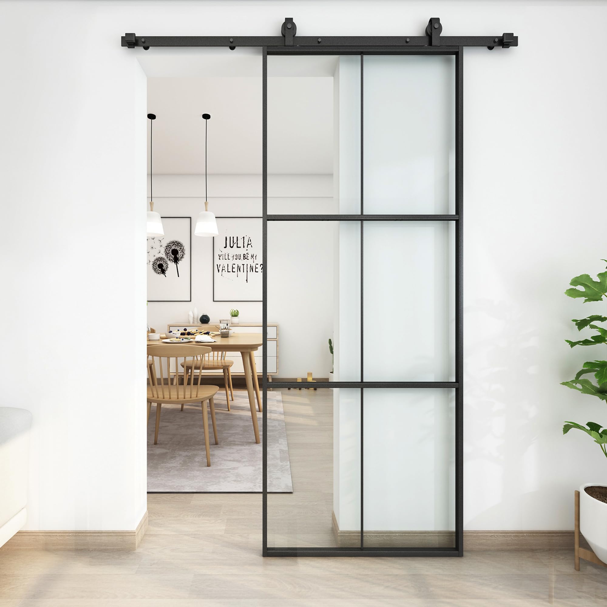 JUBEST 36in x 96in Glass Sliding Barn Door with 6ft Hardware kit, 3-Panel Black Aluminum Frame and Clear Tempered Glass Modern French Door, Easy to Install